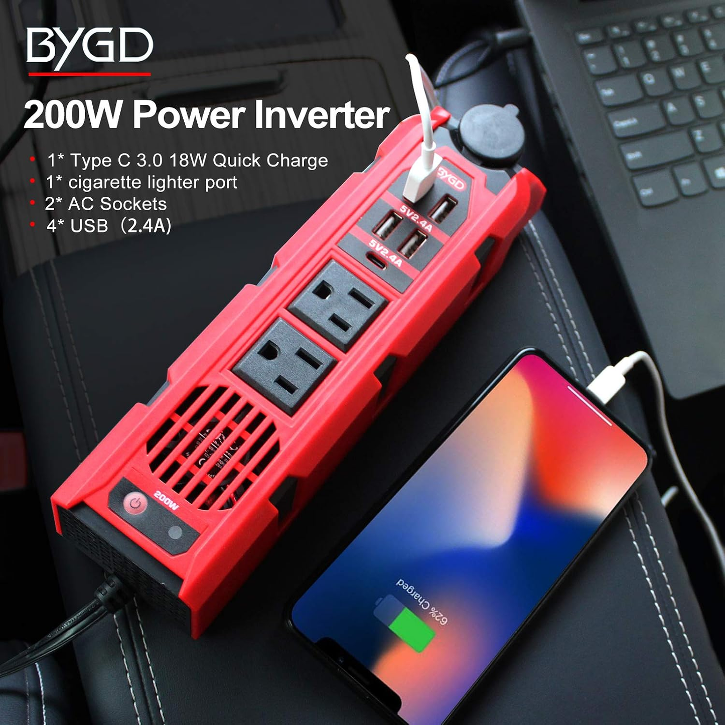 BNIB-BYGD 200W Car Power Inverter, DC 12V to 110V Car Converter with AC Outlet, USB & Type-C Ports,-$50