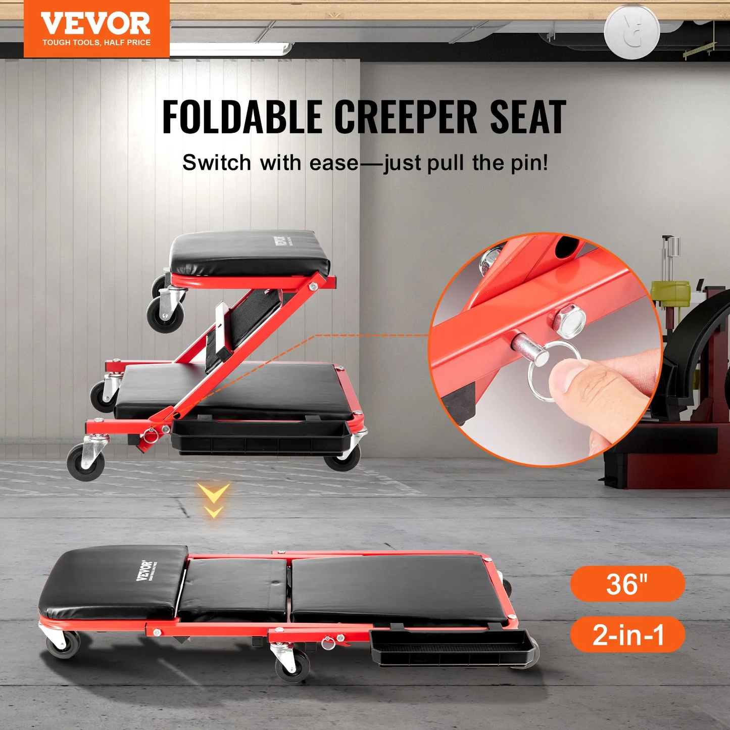 VEVOR Foldable Z Garage Creeper, 36 in, 300 lbs Load Capacity Rolling Folding Mechanic Creeper Stool,-$40