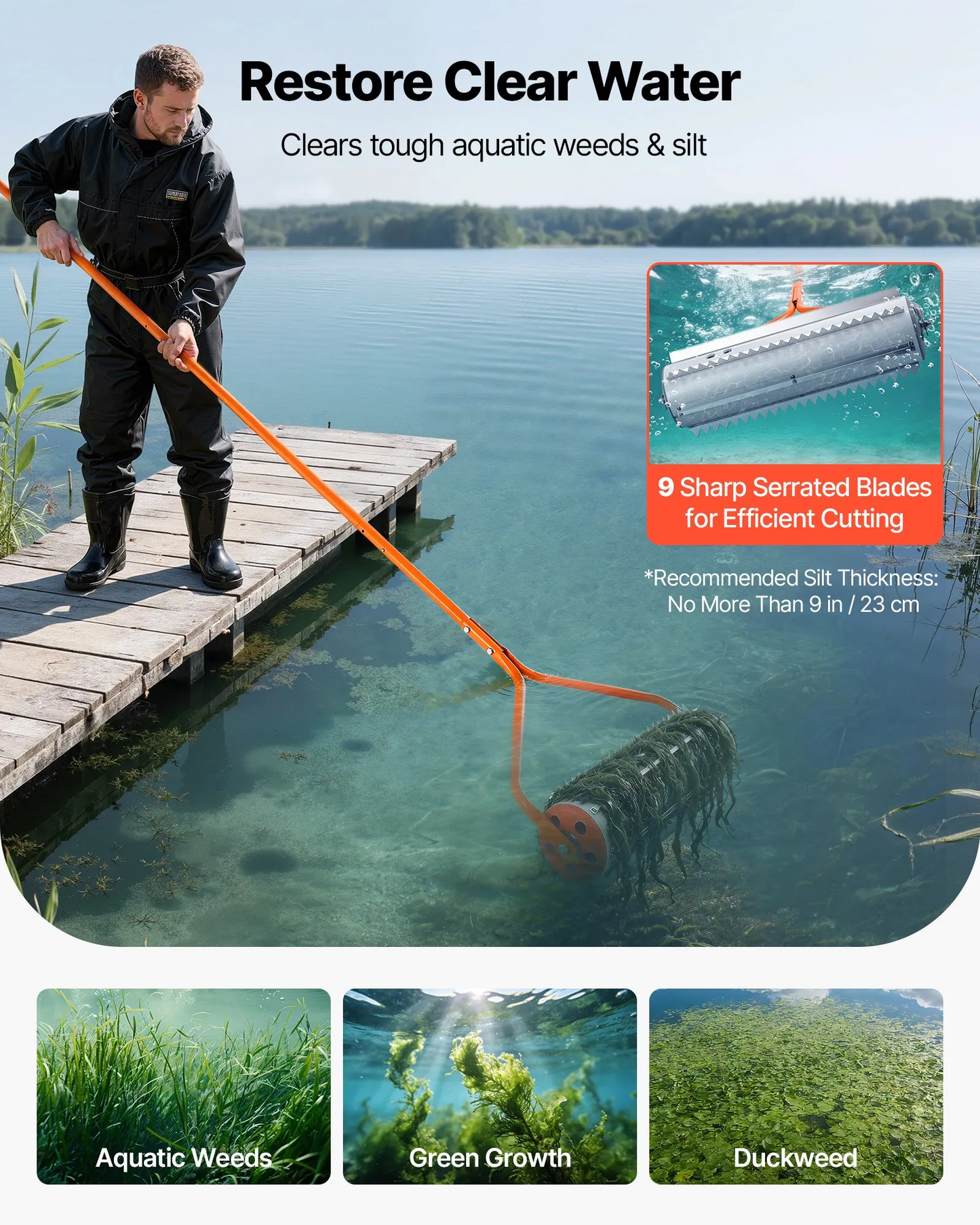 VEVOR Lake Weed Roller, 18 ft Lake & Pond Weed Removal Tool, Muck Razer Aquatic & Sludge Tiller,-$90