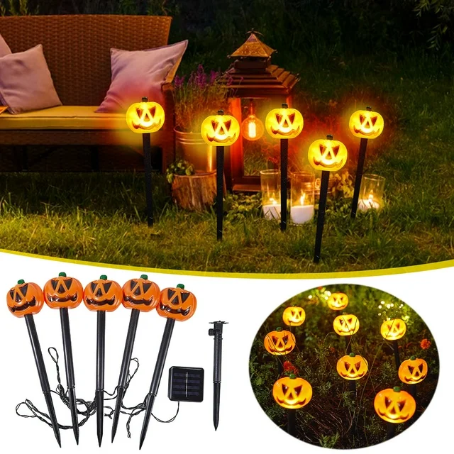 BNIB-Halloween Pumpkin Stake Lights Set of 5, Solar Lighted Pumpkins Outdoor Waterproof-$10