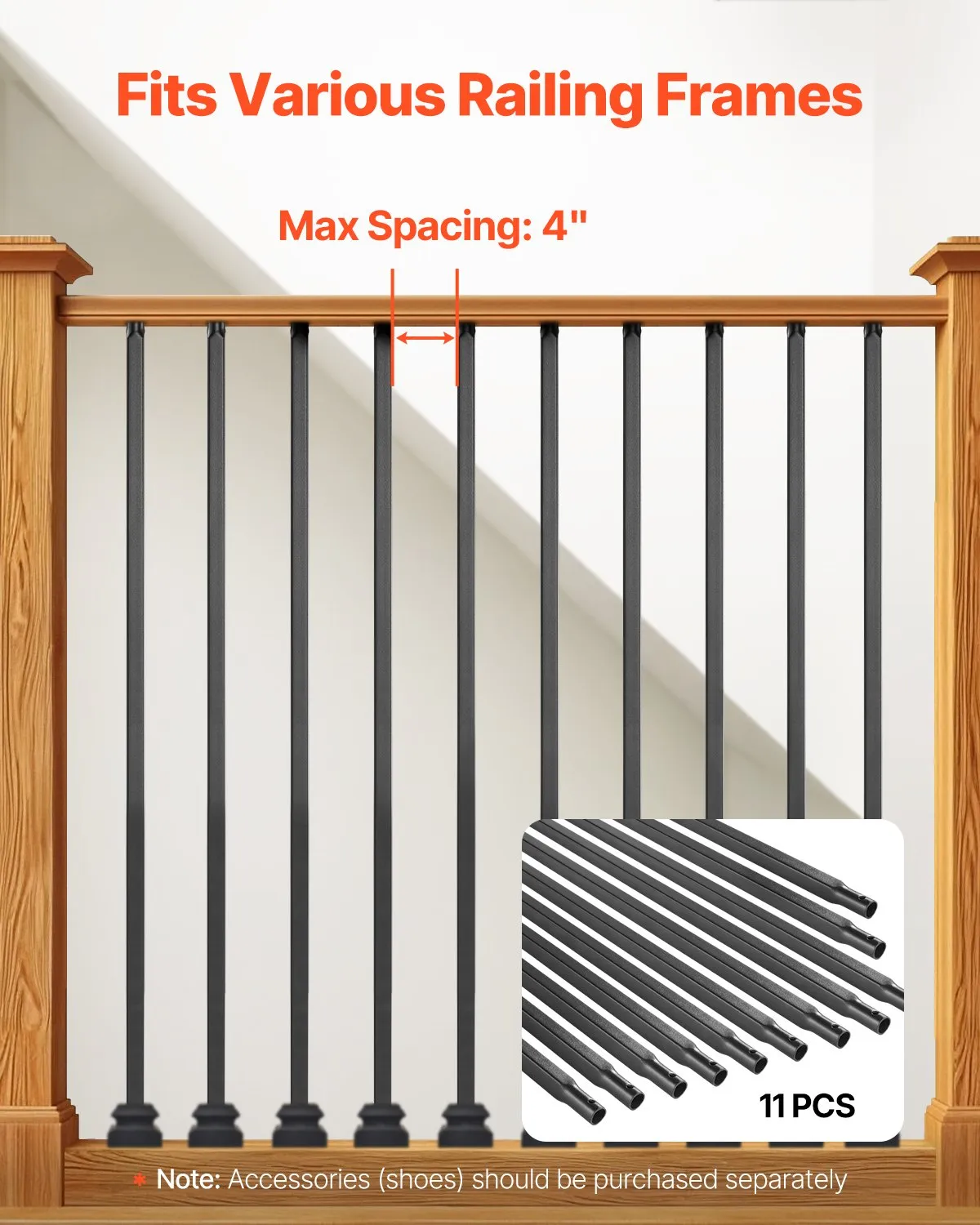VEVOR Staircase Balusters 11 Pack, 44 Inch Durable Carbon Steel Stair Balusters, 0.5 Inch Square Metal,-$35