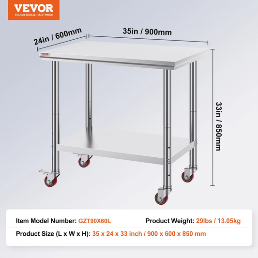 VEVOR Stainless Steel Work Table 35 x 24 x 33 Inch, 700 LBS Load Capacity with 4 Wheels,-$120