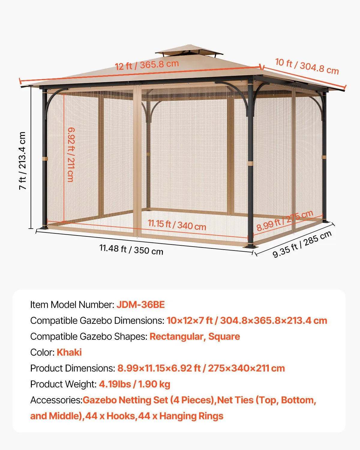 VEVOR Gazebo Netting Replacement, Fit Most 10 x 12 x 7 FT Gazebo Curtain, (Netting Only),-$45