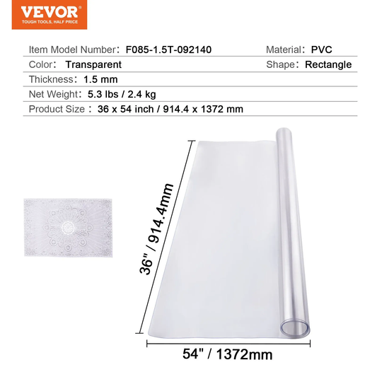 VEVOR Plastic Table Cover, 36 x 54 Inch 1.5 mm Thick Clear Table Protector, Rectangle PVC Desk Mat,-$18