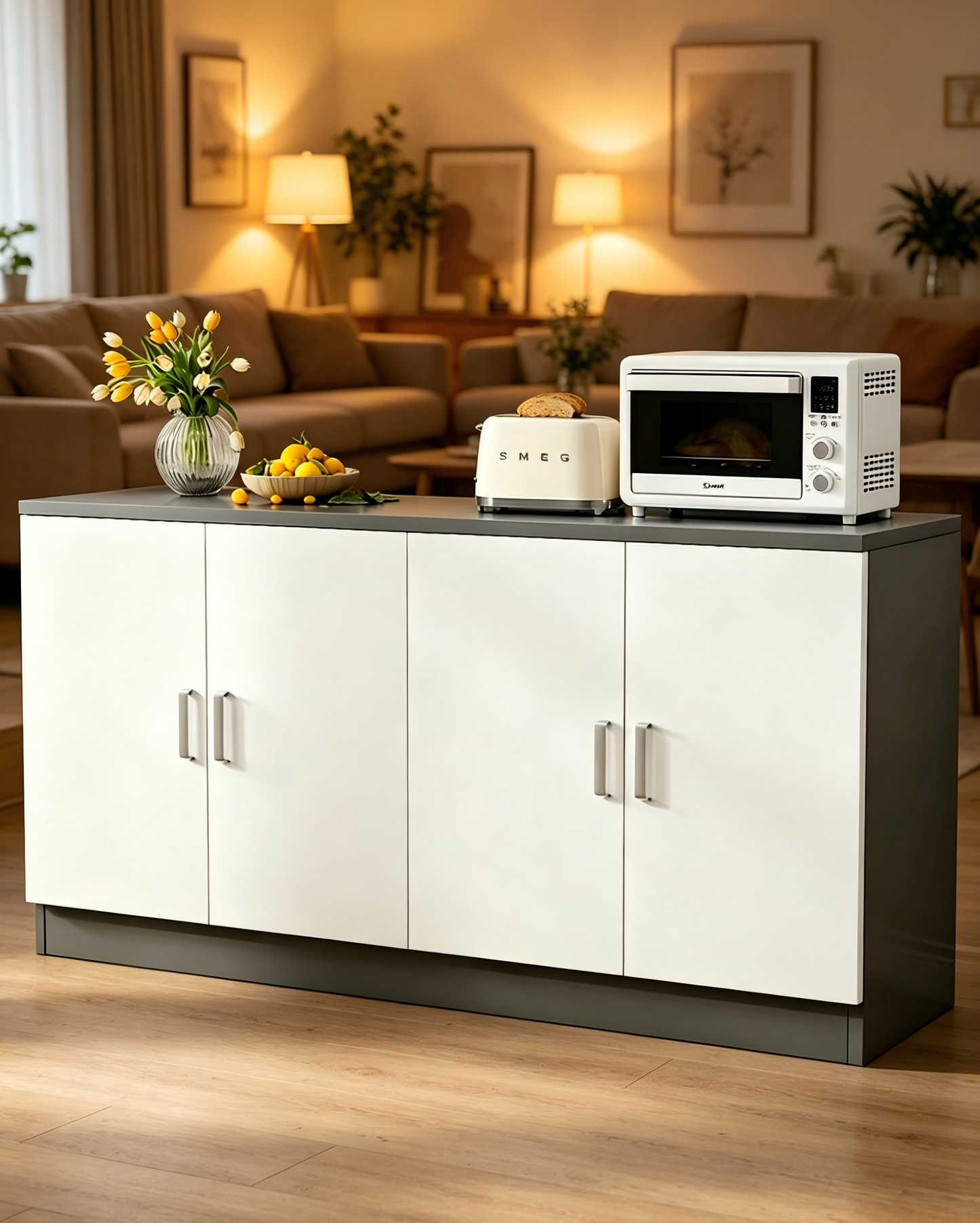 Brand New Assembled 4-door Sideboard Cabinet w/1 Adjustable Shelf, Storage Cupboard (Gray & White),-$160