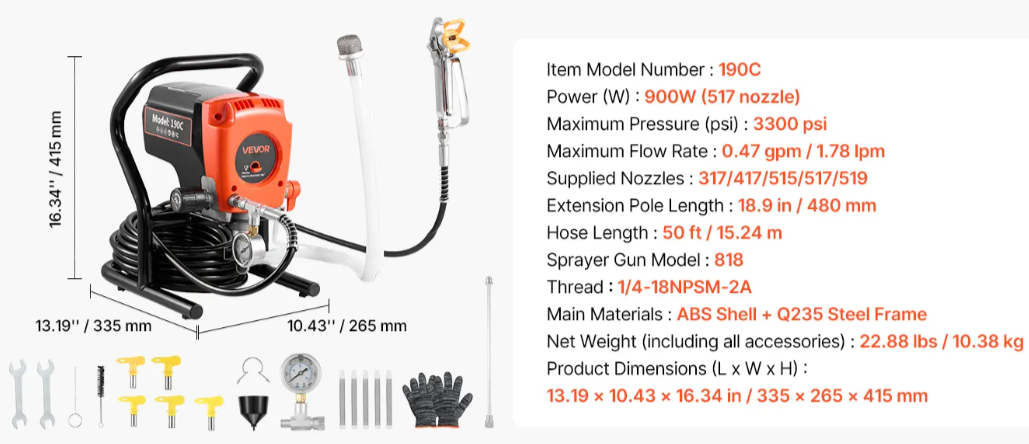VEVOR Stand Airless Paint Sprayer, 900W, 3300PSI High Pressure Airless Sprayer, Cleaning Brush,-$200