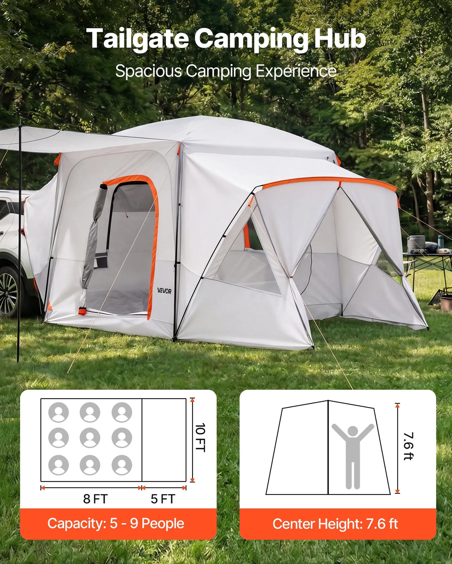 VEVOR SUV Camping Tent F/5-9 Person, 13x10FT 3-Season SUV Tailgate Tent w/Ventilated Windows,-$280