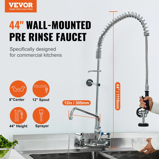 VEVOR Commercial Faucet with Pre-Rinse Sprayer, 44" Height, 8" Center, 12" Swing Spout,-$110