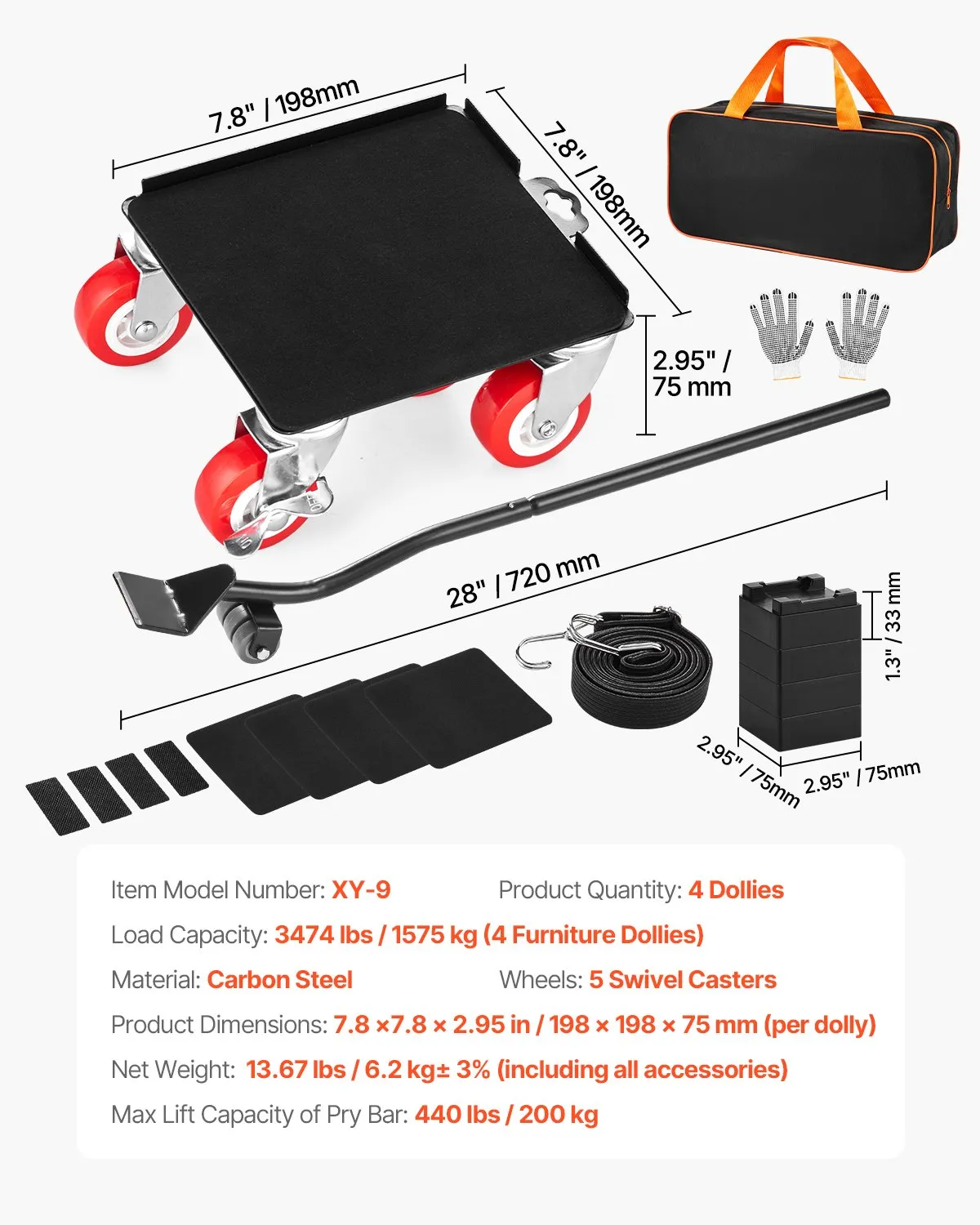 VEVOR Furniture Dolly, Maximum Load 3474 lbs, Heavy Duty Furniture Movers with 5 360°,-$45