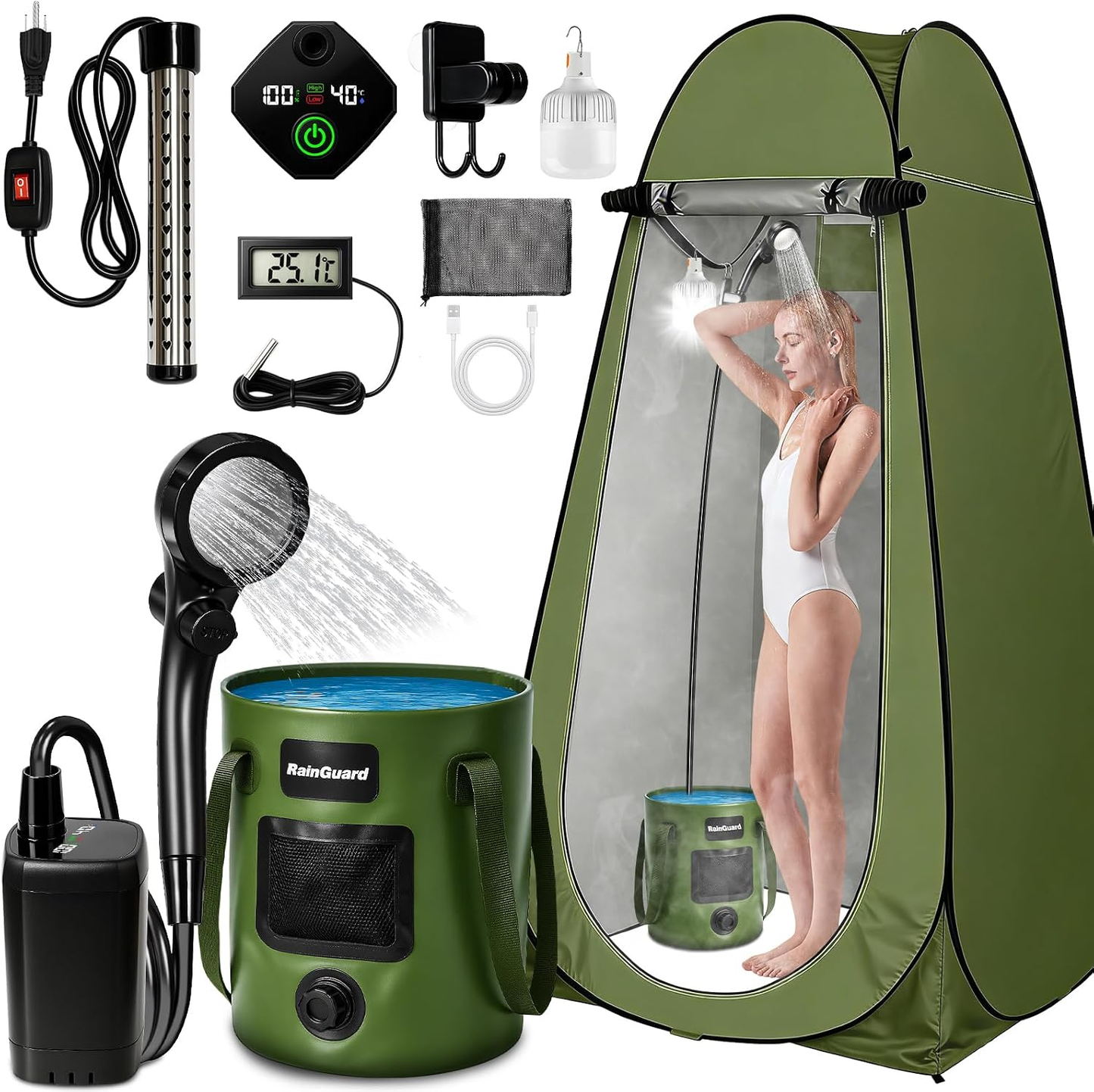 BNIB-Camping Shower kit, 6000mAh Rechargeable Camp Shower Pump with Large Capacity Bucket,-$70