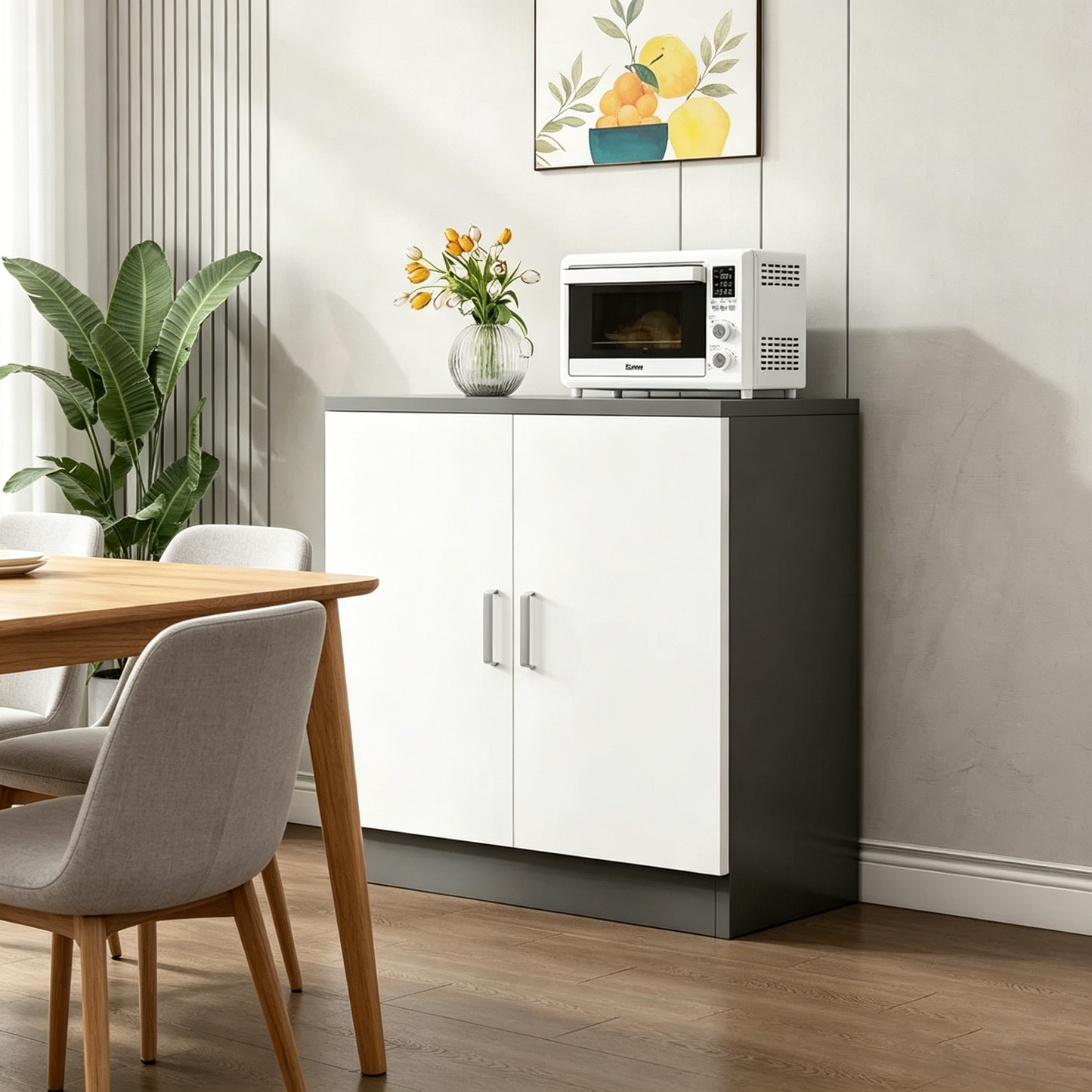 Brand New Assembled 2-door Sideboard Cabinet w/1 Adjustable Shelf, Storage Cupboard (Gray & White),-$80