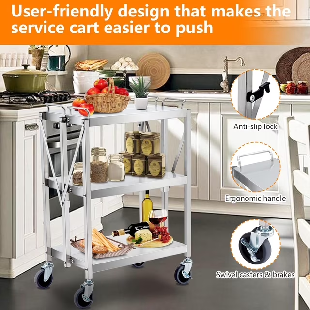 BNIB-Foldable 3 Tier Metal Utility Rolling Cart, 25 x 15.8 x 37.8", 440 lbs Load Capacity, Silver,-$180