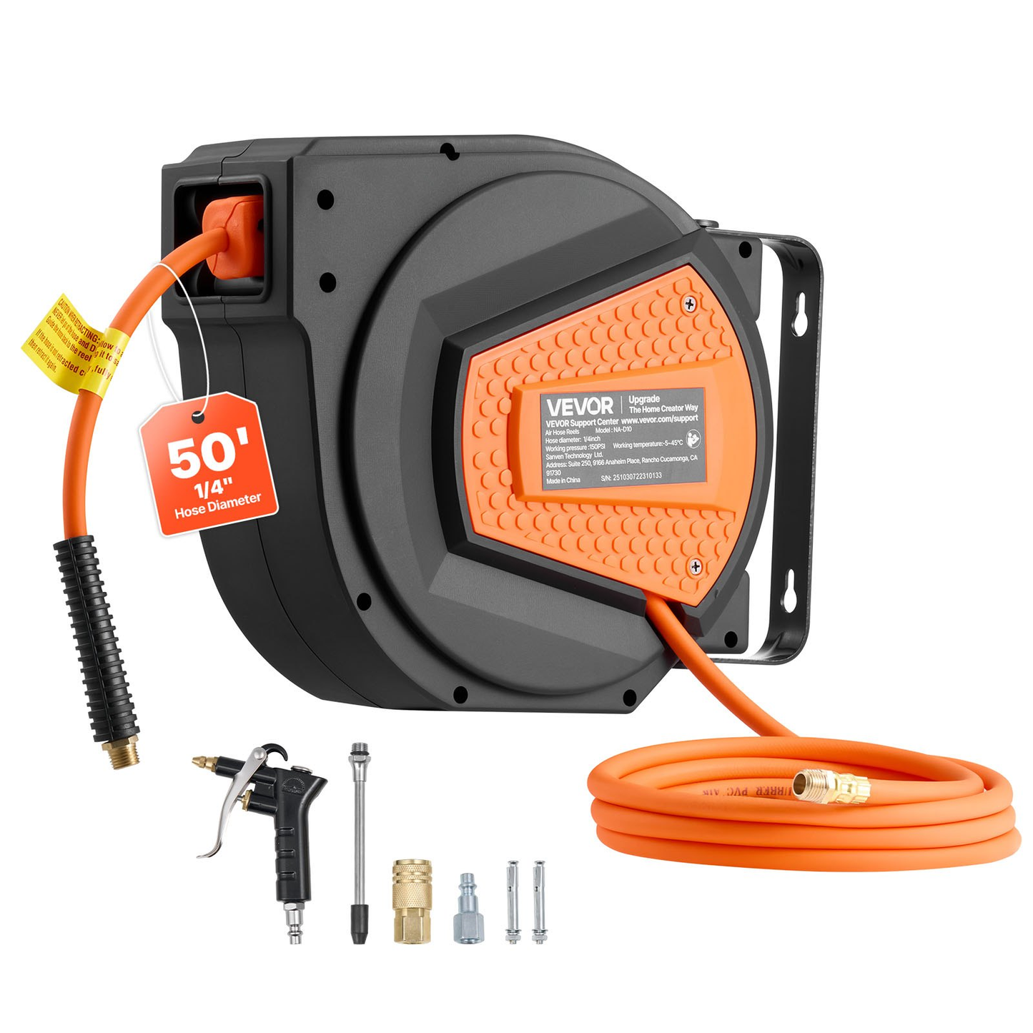 VEVOR Retractable Air Hose Reel, 1/4 Inch x 50 FT Hybrid Air Hose Max 300PSI,-$40
