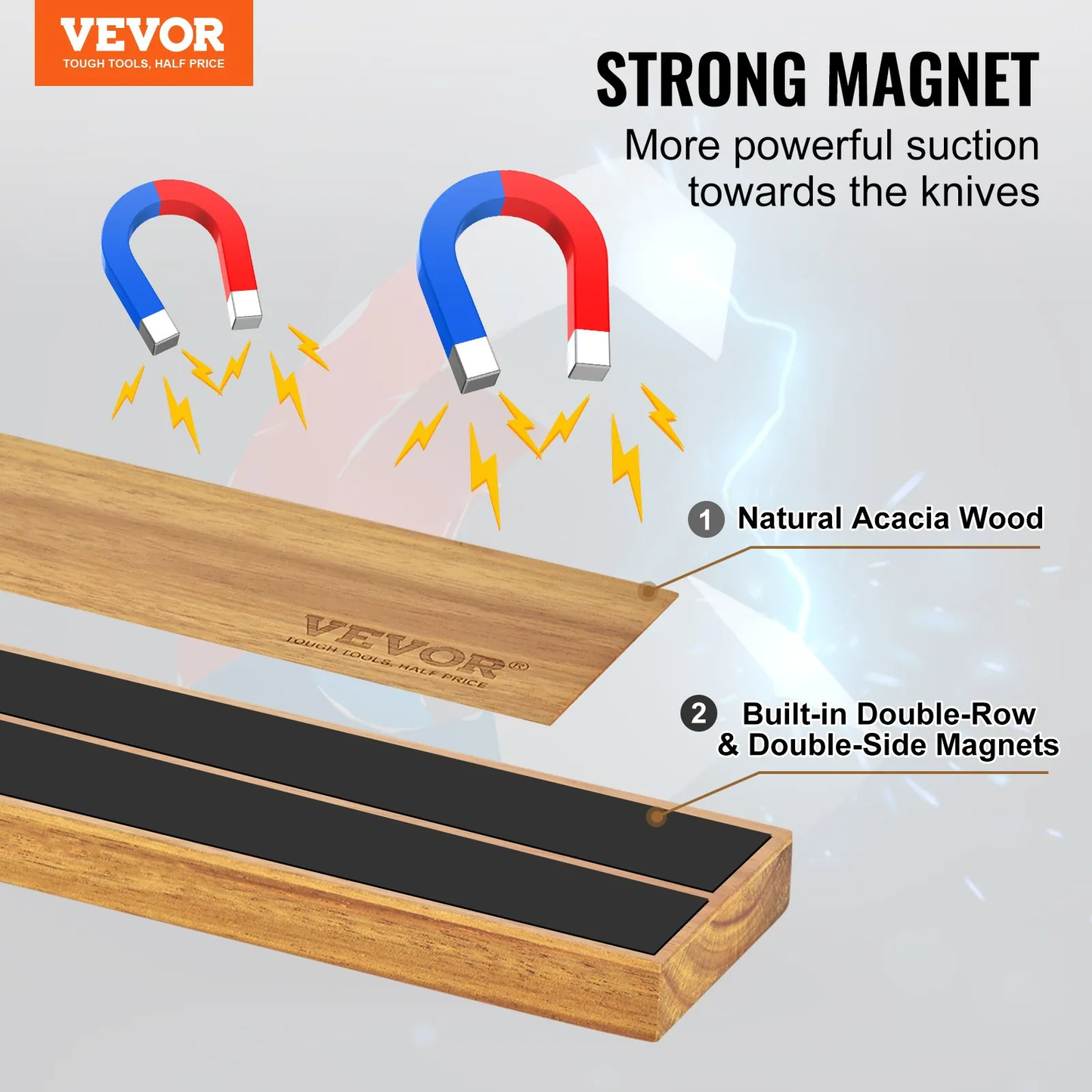 VEVOR Magnetic Knife Holder with Enhanced Strong Magnet, 24" No Drilling Knife Strips Organizer for Wall