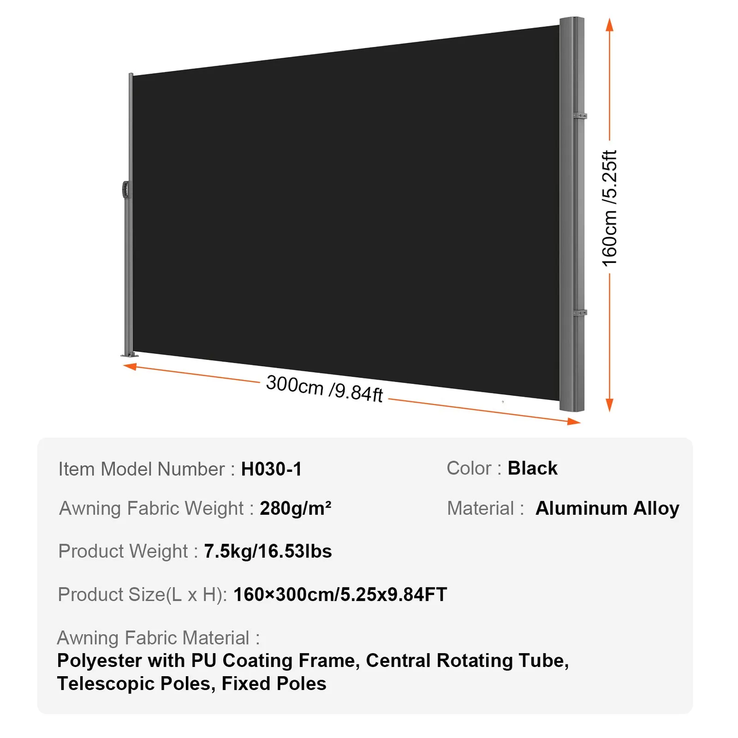 VEVOR Retractable Side Awning 118" x 63", Retractable Patio Screen Waterproof, Divider Black,-$90