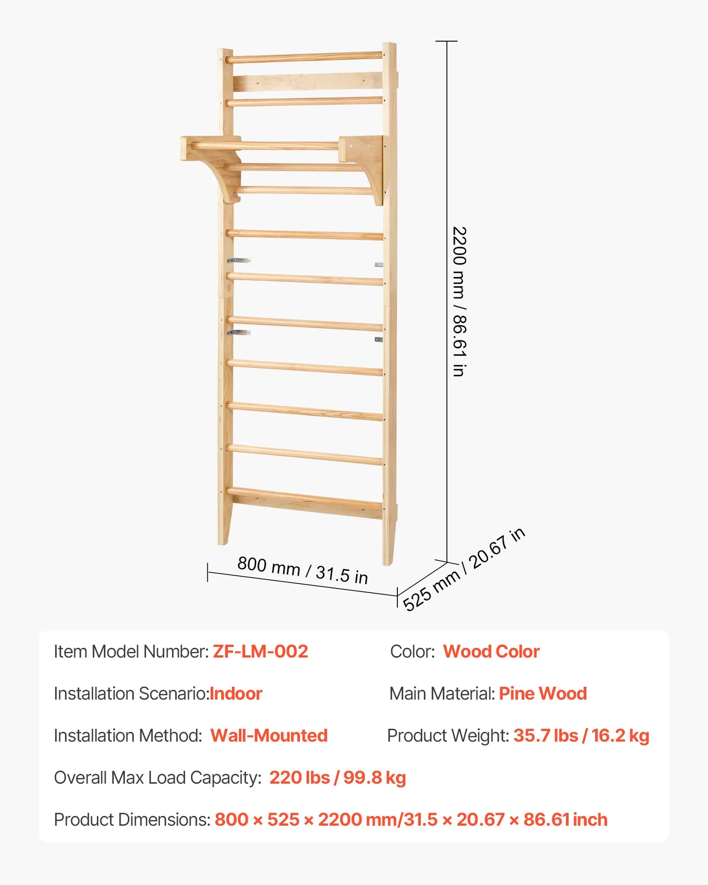 VEVOR Swedish Ladder Wall Gym, 10-Level Solid Wood Indoor Jungle Gym, 220lbs Loading Indoor,-$110
