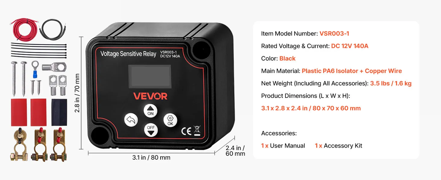 VEVOR Dual Battery Isolator Kit, 12V 140 Amp, Manual and Automatic VSR Voltage Sensitive Relay,-$55