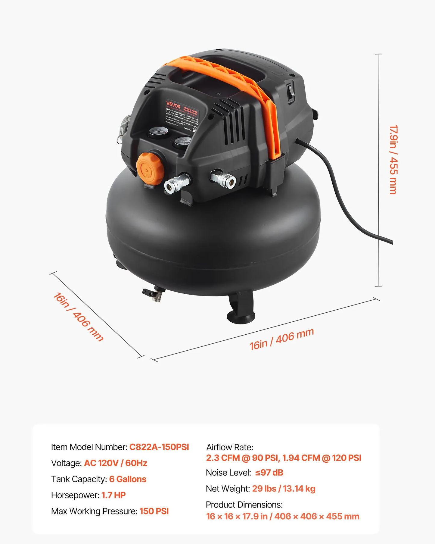 VEVOR 6 Gallon Air Compressor, 1.7HP 2.3CFM @ 90PSI Portable Pancake Air Compressor & 150PSI Max,-$130