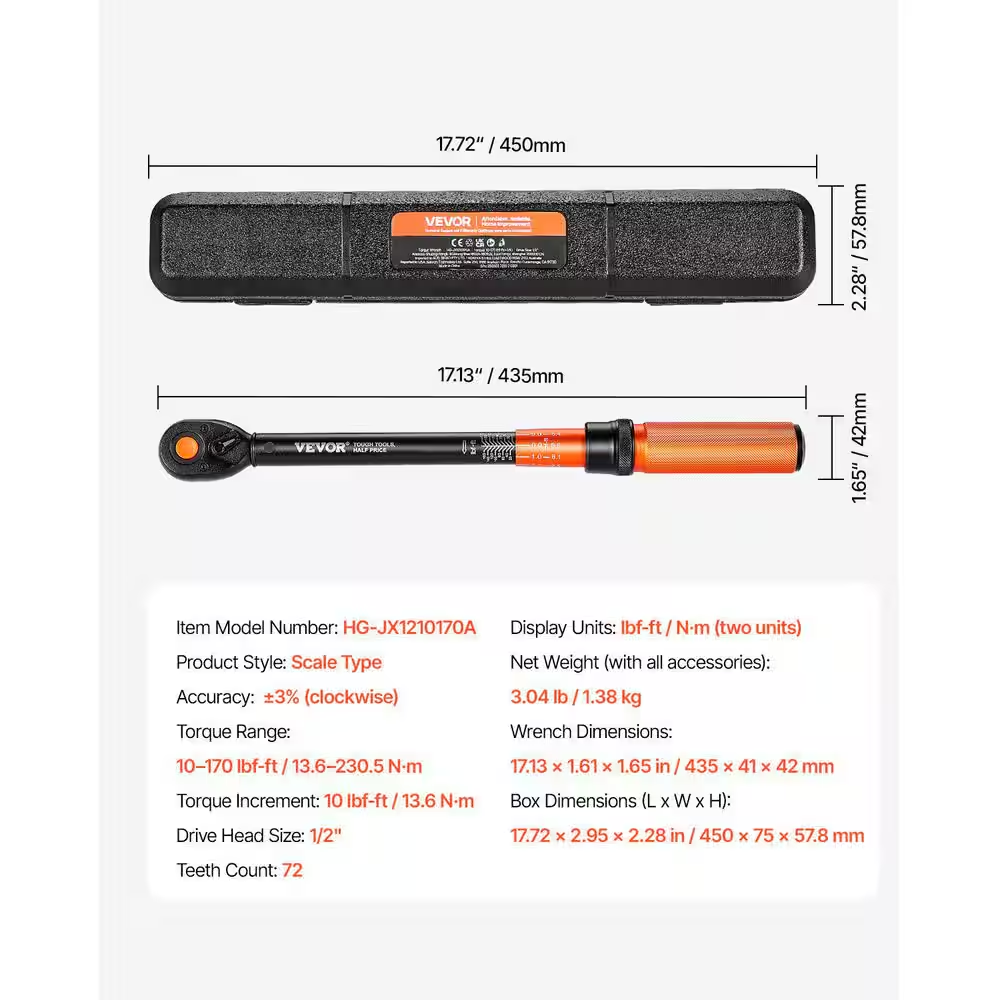 VEVOR Click Torque Wrench, 1/2 in. Drive, 10-170 lbf-ft. /13.6-230.5 N. m, Dual-direction Torque Wrench, $30