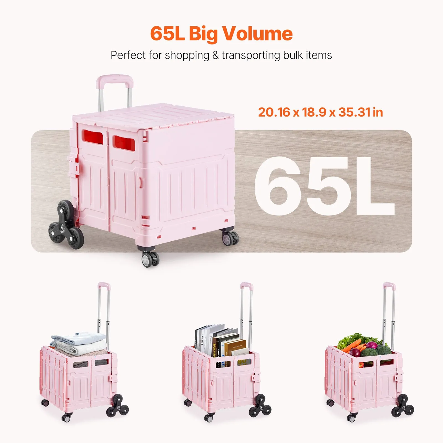 VEVOR Foldable Utility Cart, 65L Collapsible Portable Crate Rolling Cart with Stair Climbing & 360°Wheels,-$50