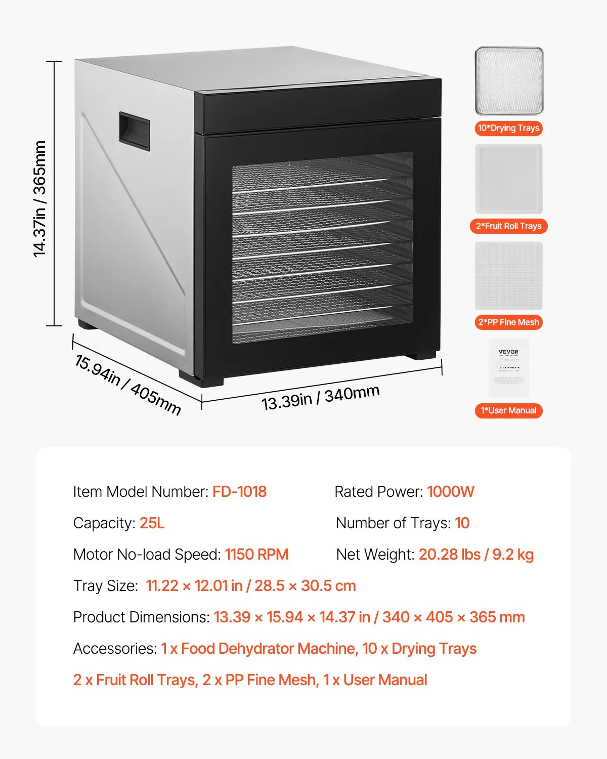 VEVOR Food Dehydrator Machine, 10 Stainless Steel Trays, 1000W Electric Food Dryer with Adj Temperature,-$150
