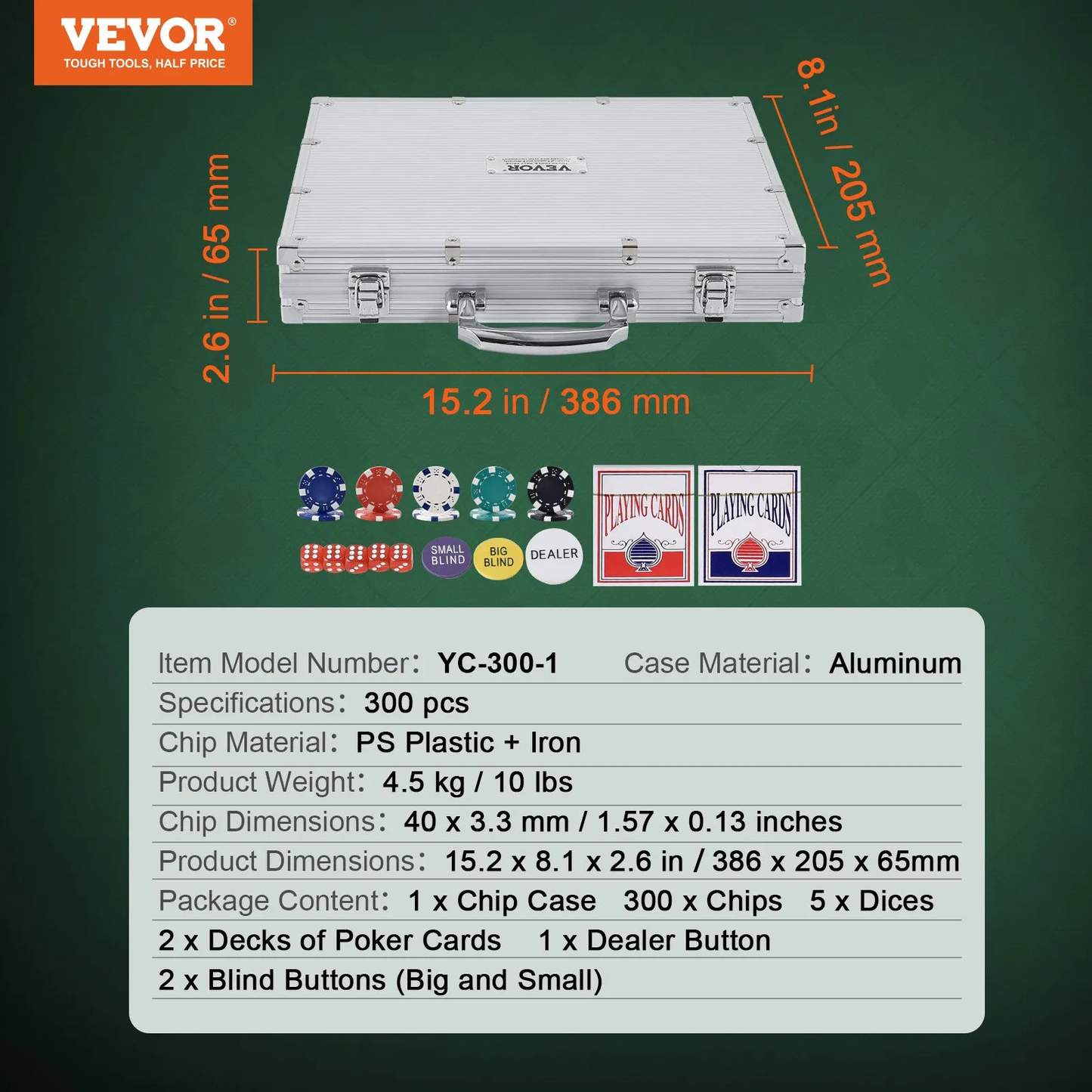 VEVOR Poker Chip Set, 300-Piece Poker Set, Complete Poker Playing Game Set with Aluminum Carrying Case,-$35