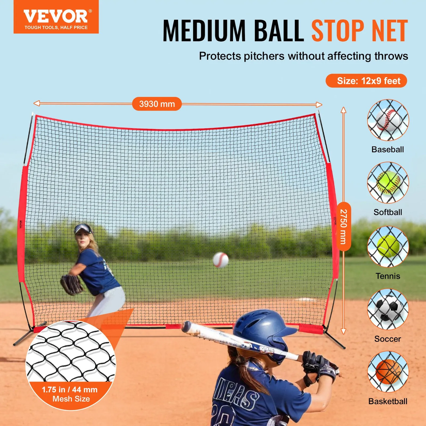 VEVOR Barricade Backstop Net, 12x9 ft Ball Sports Barrier Netting, Portable Practice,-$60
