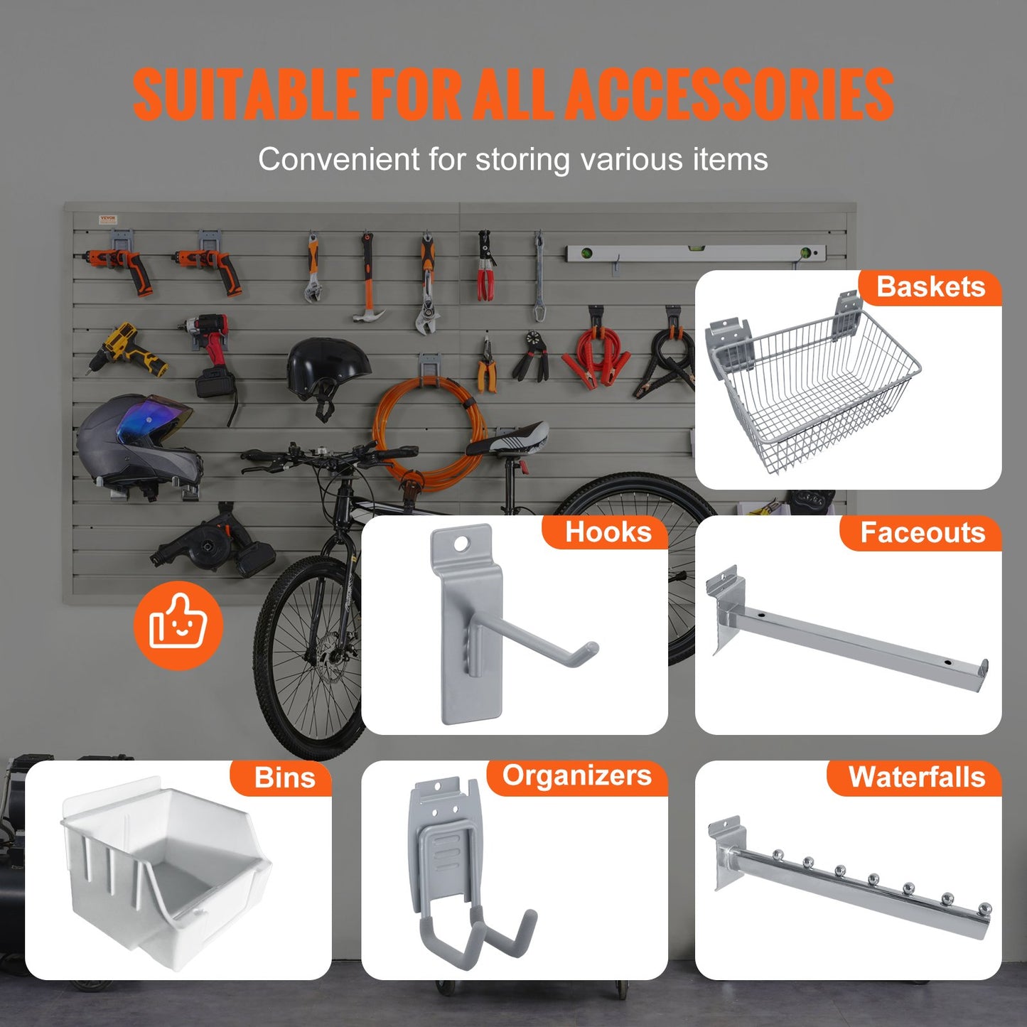 BNIB-VEVOR Slatwall Panels with Hooks, 4 ft x 1 ft Gray Garage Wall Panels 12"H x 48"L (Set of 8 Panels),-$180