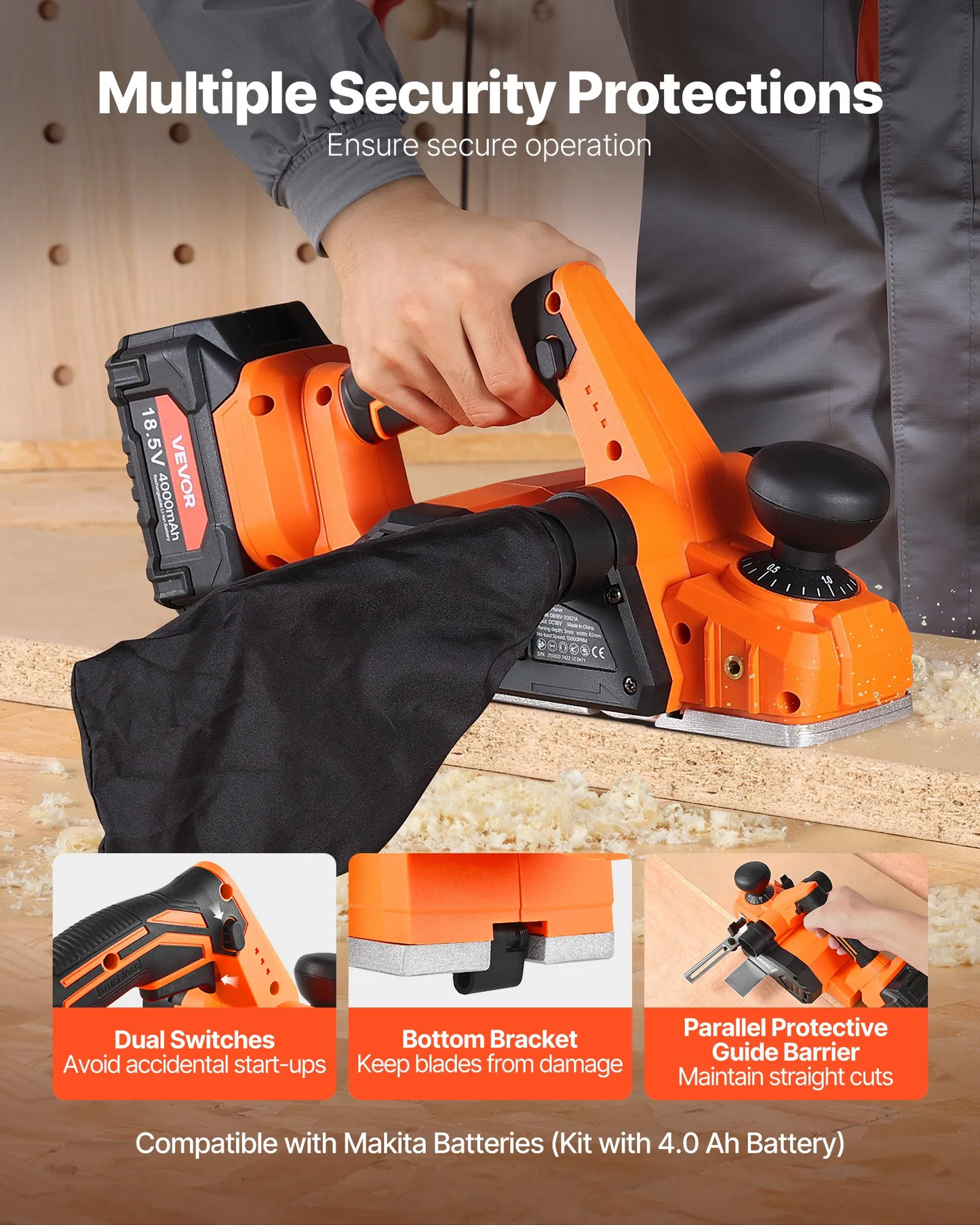 VEVOR Cordless Handheld Planer, 3-1/4-Inch Cut Width, 15000 RPM Electric Hand Wood Planer,-$80