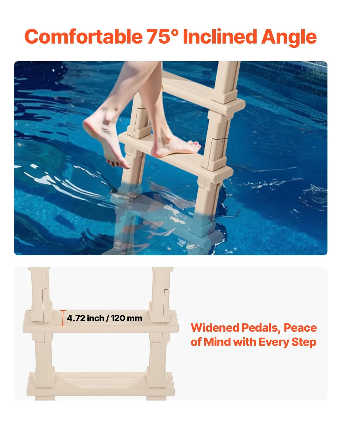 VEVOR 5-Step Inclined Pool Ladder of 2 Handrails Loads 300 lb for 48-54 In Poo,-$85