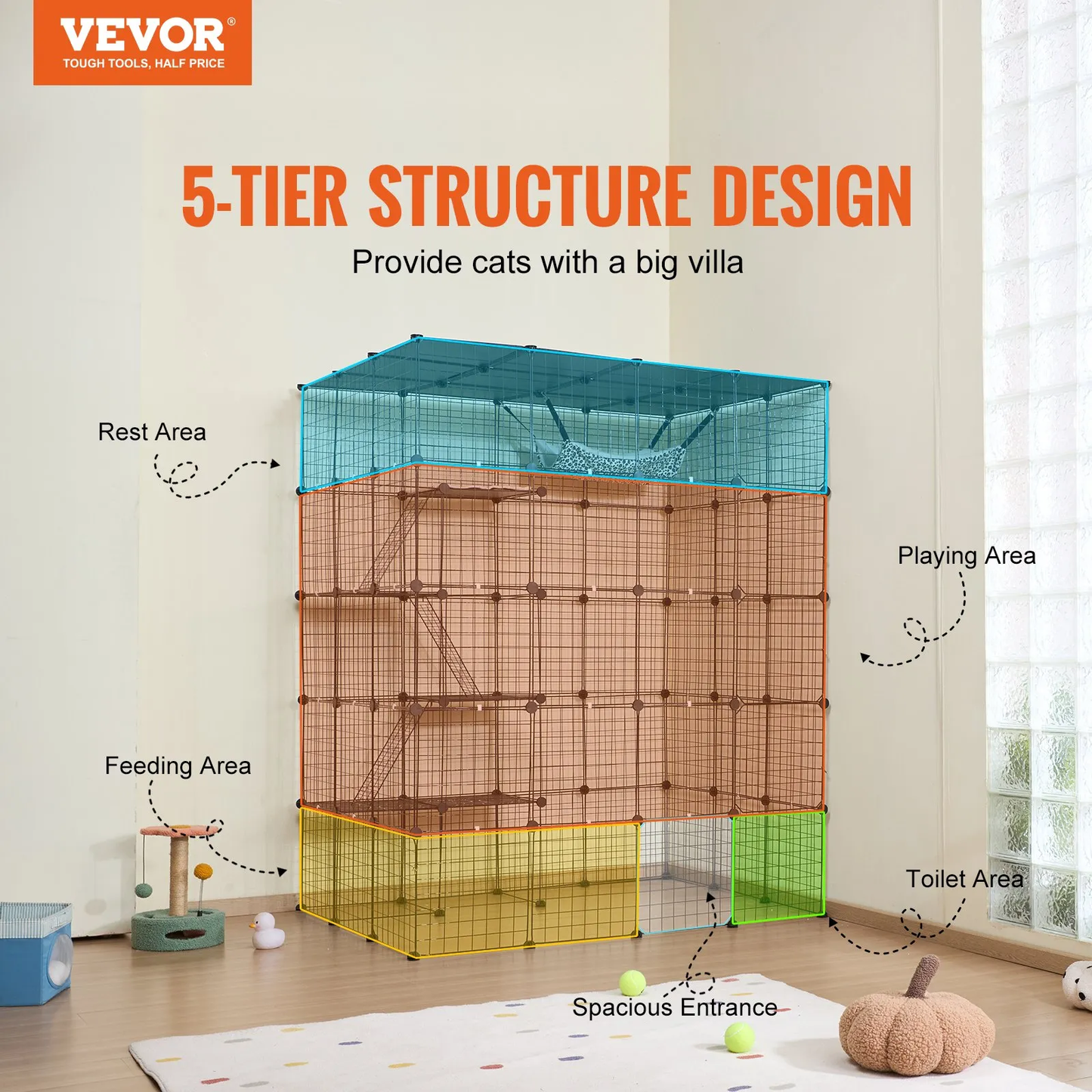 VEVOR Large 4-tier Cat Cage,Detachable Metal Wire,with 5 Front Doors Hammock Ramp ladders,-$130