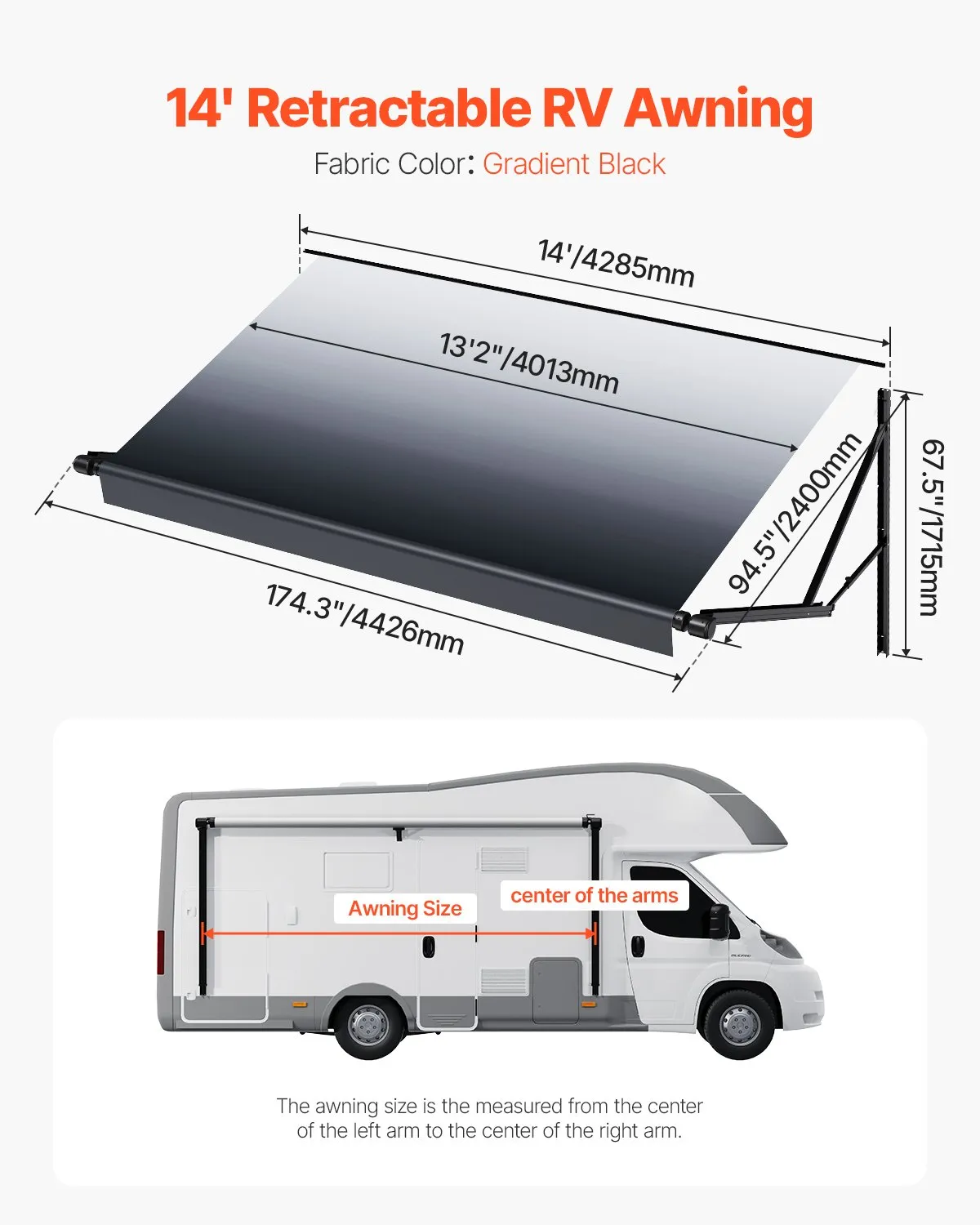 VEVOR Motorized RV Awning Complete Kit, 14' Retractable Awning w/Aluminum Alloy Frame,-$700