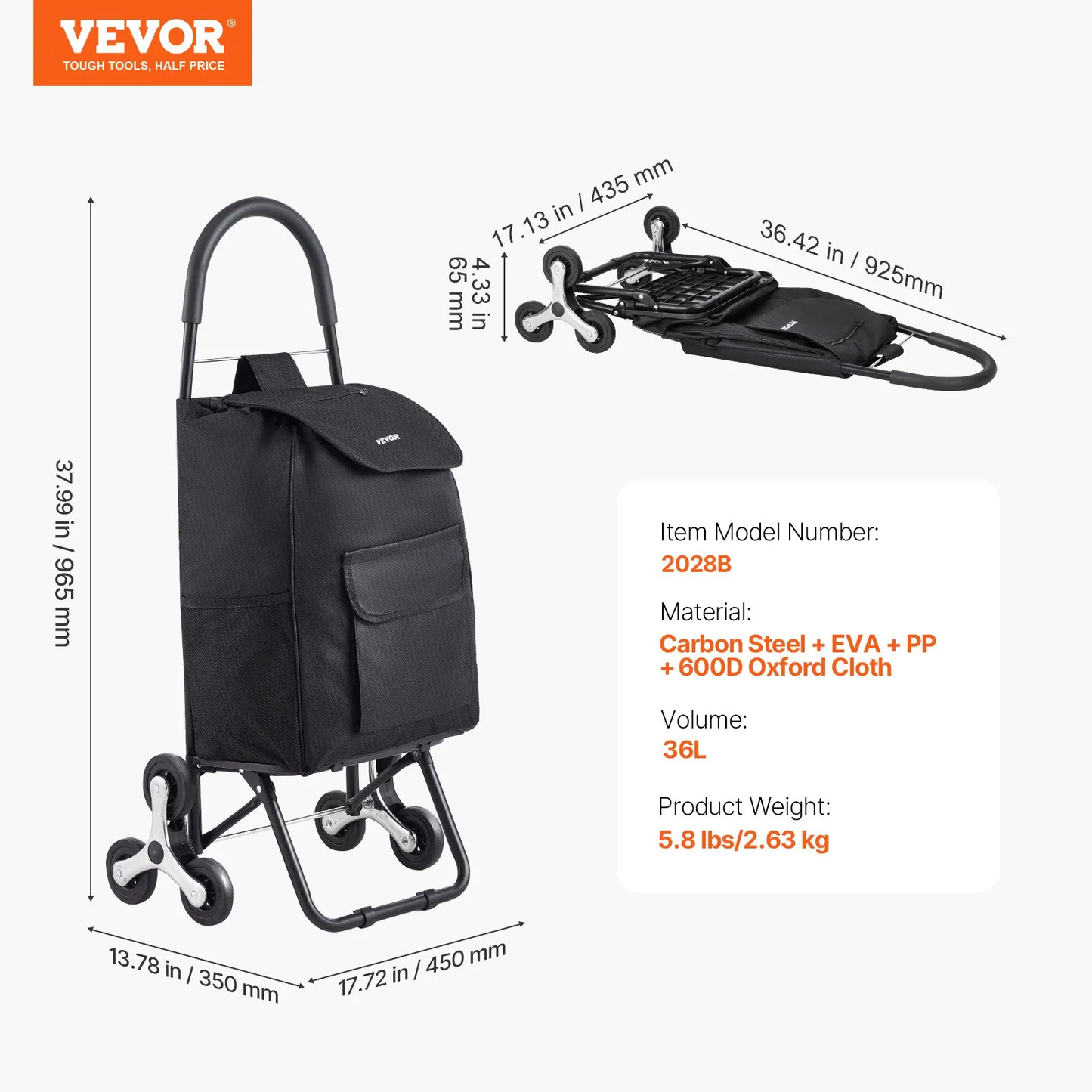 VEVOR Stair Climber Trolley Dolly, 36L Folding Shopping Cart,-$35