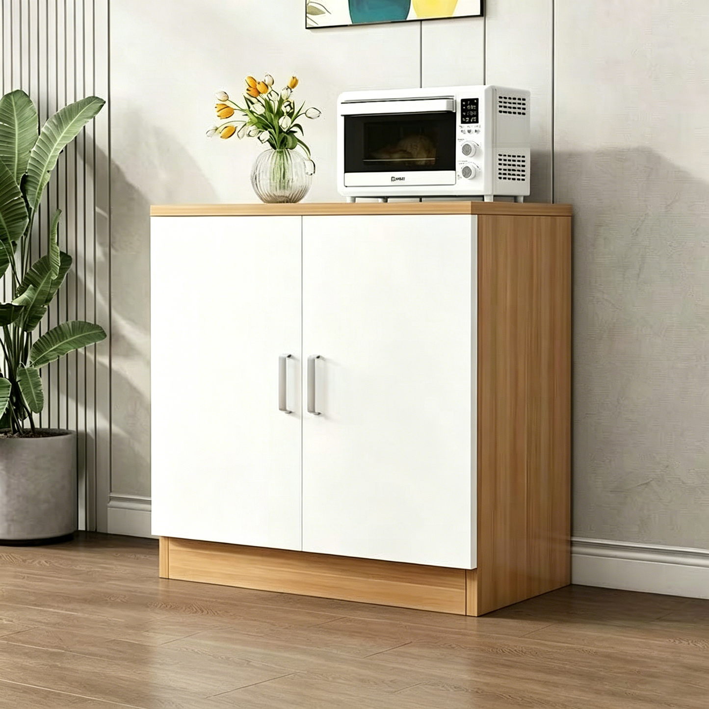 Brand New Assemble 2 Door Sideboard Cabinet, Light Walnut White Door,Wall Storage Cabinet,-$80