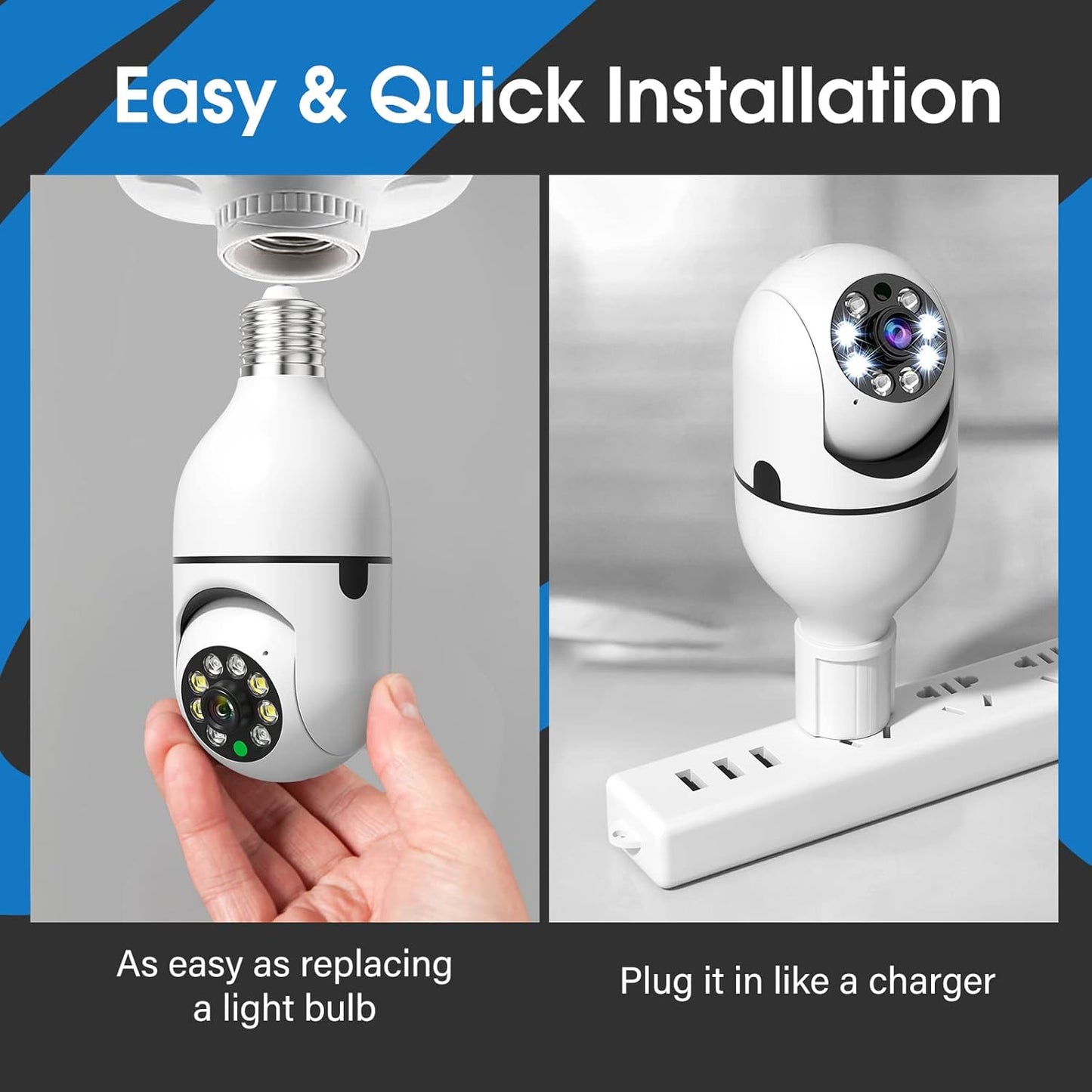 BNIB-Light Bulb Security Camera, 1080P Wireless Indoor Cam with 355°Pan/Tilt, 2.4GHz WiFi (Not 5G)