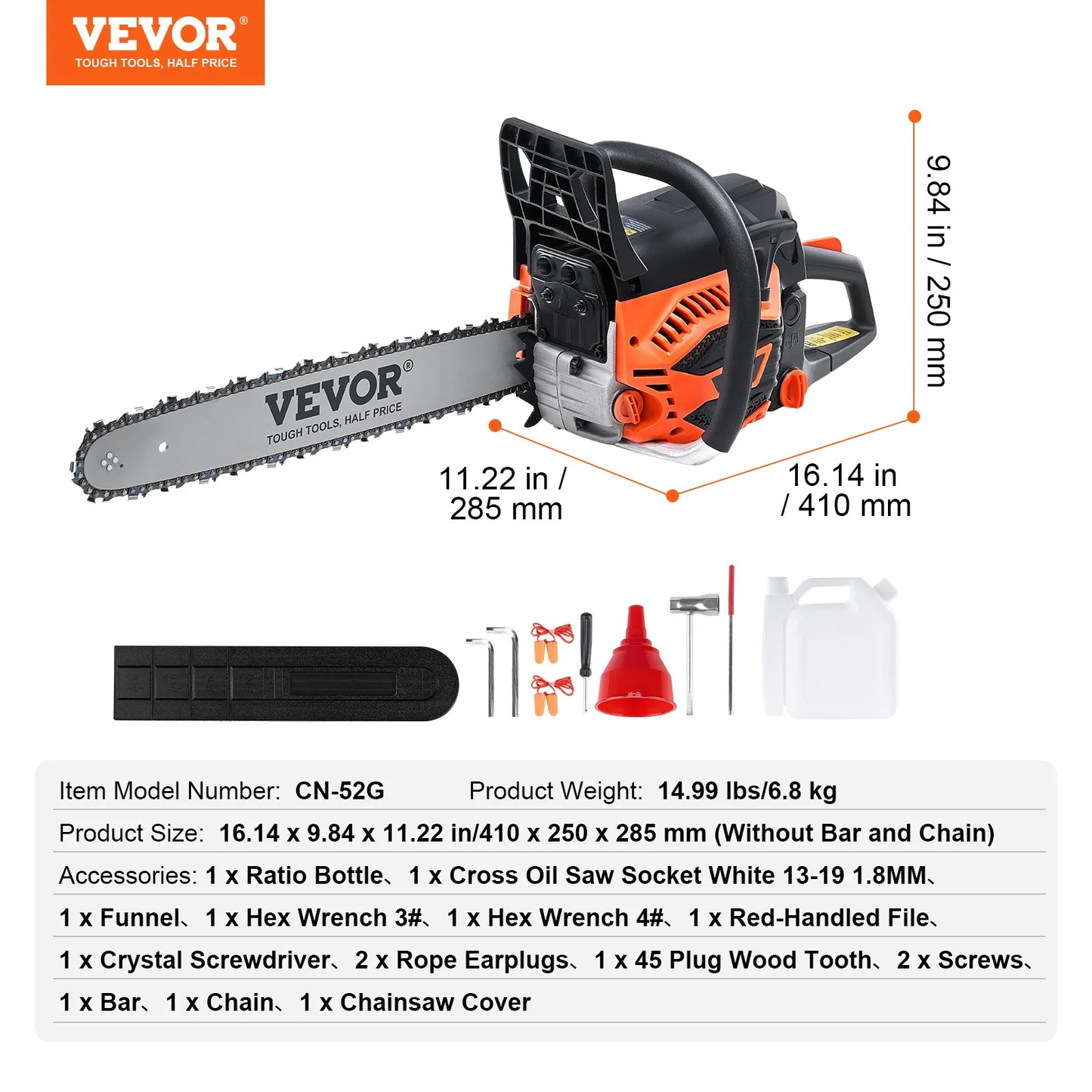 VEVOR Gas Chainsaw, 52CC 18" 2.55HP, Gasoline Powered Chain Saw, Handheld Cordless Petrol Chainsaws,-$100