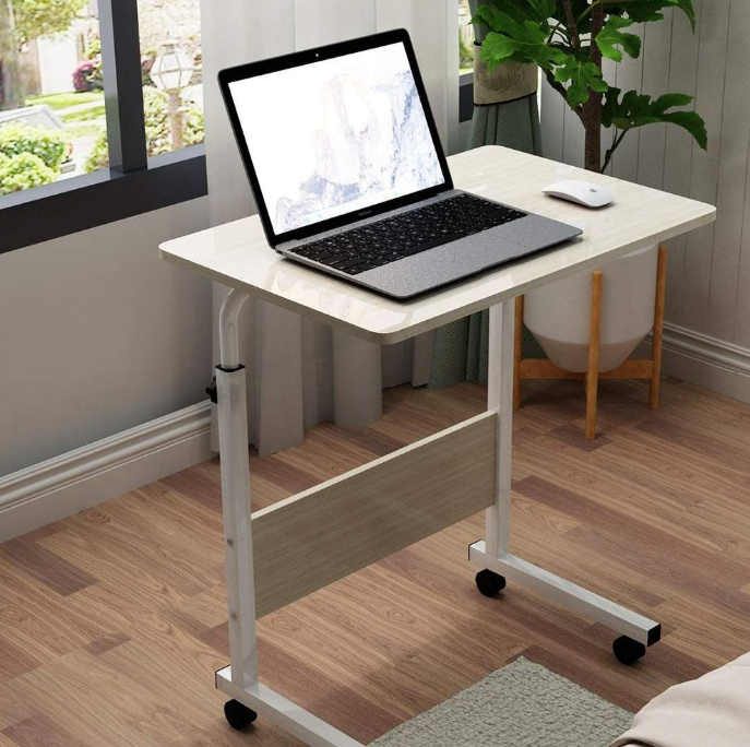 BNIB-Movable Side Table/Laptop Desk for Bed/Sofa, w/Adjustable Height & Lockable Wheels-White Maple