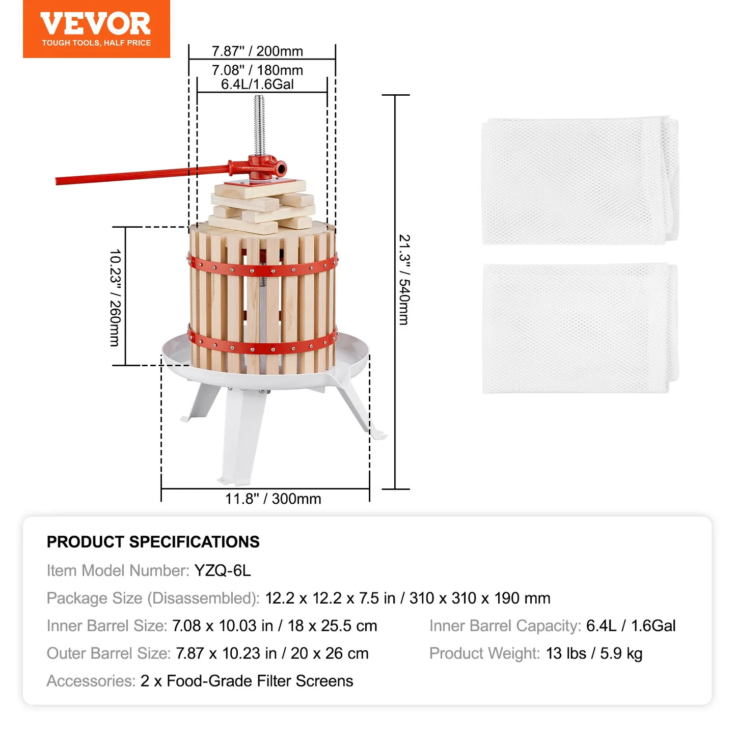 VEVOR Fruit Wine Press, 1.6 Gal/6.4L, Solid Wood Basket with 6 Blocks, Manual Juice Maker,-$45