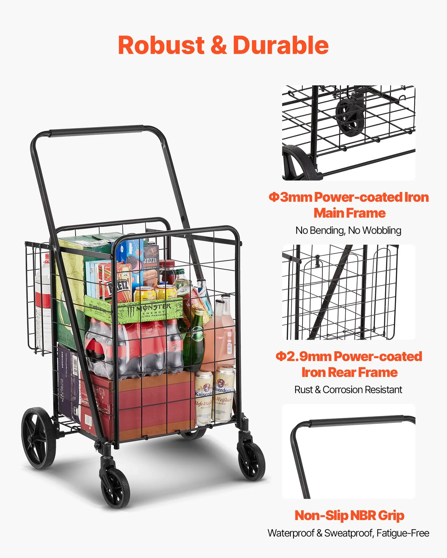 VEVOR Folding Shopping Cart, Jumbo Grocery Cart with Double Baskets, 360° Swivel Wheels, -$45
