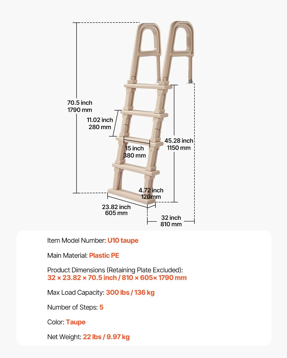 VEVOR 5-Step Inclined Pool Ladder of 2 Handrails Loads 300 lb for 48-54 In Poo,-$85