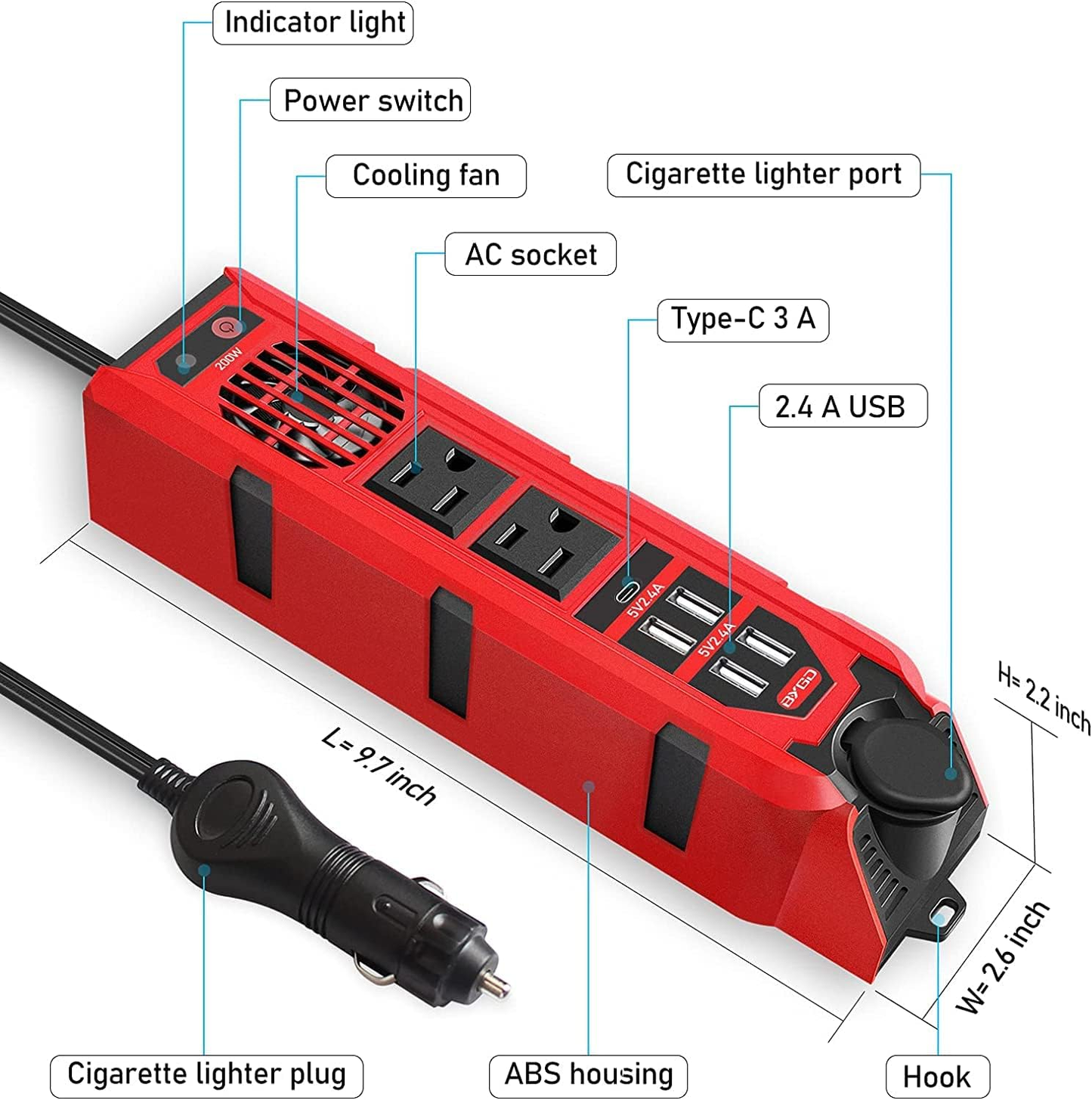 BNIB-BYGD 200W Car Power Inverter, DC 12V to 110V Car Converter with AC Outlet, USB & Type-C Ports,-$50