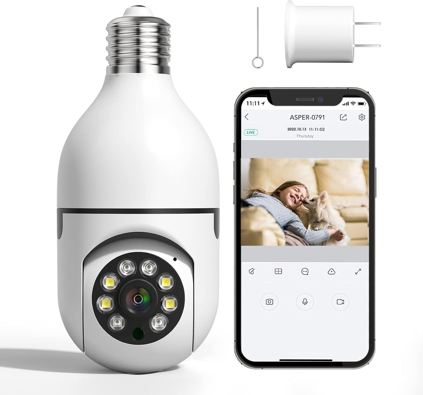 BNIB-Light Bulb Security Camera, 1080P Wireless Indoor Cam with 355°Pan/Tilt, 2.4GHz WiFi (Not 5G)