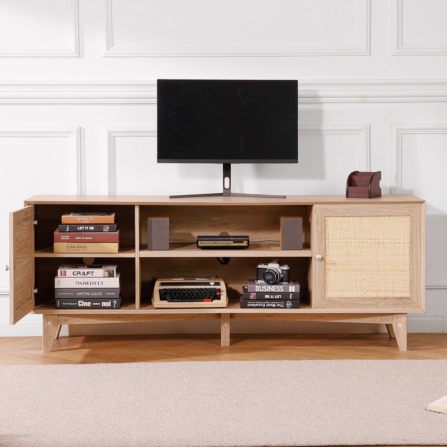 BNIB-VEVOR Rattan TV Stand for 75" TV Boho TV Stand with Build-in Socket Oak,-$220