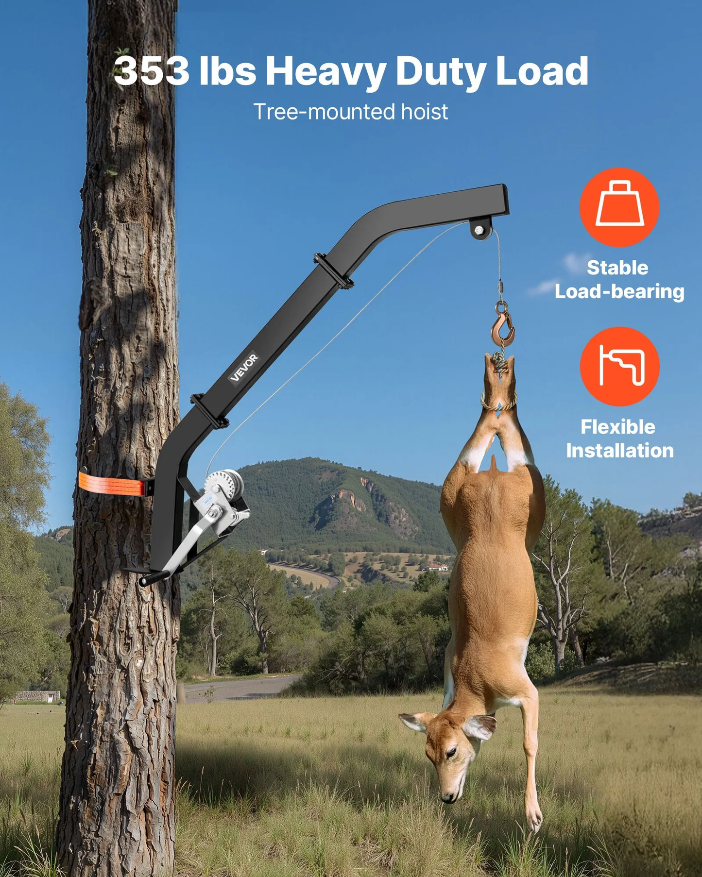 VEVOR Tree Mounted Lifting Hoist, 353 lbs Load Capacity, Outdoor Game Hoist Winch Lift with Ratchet Strap,-$55