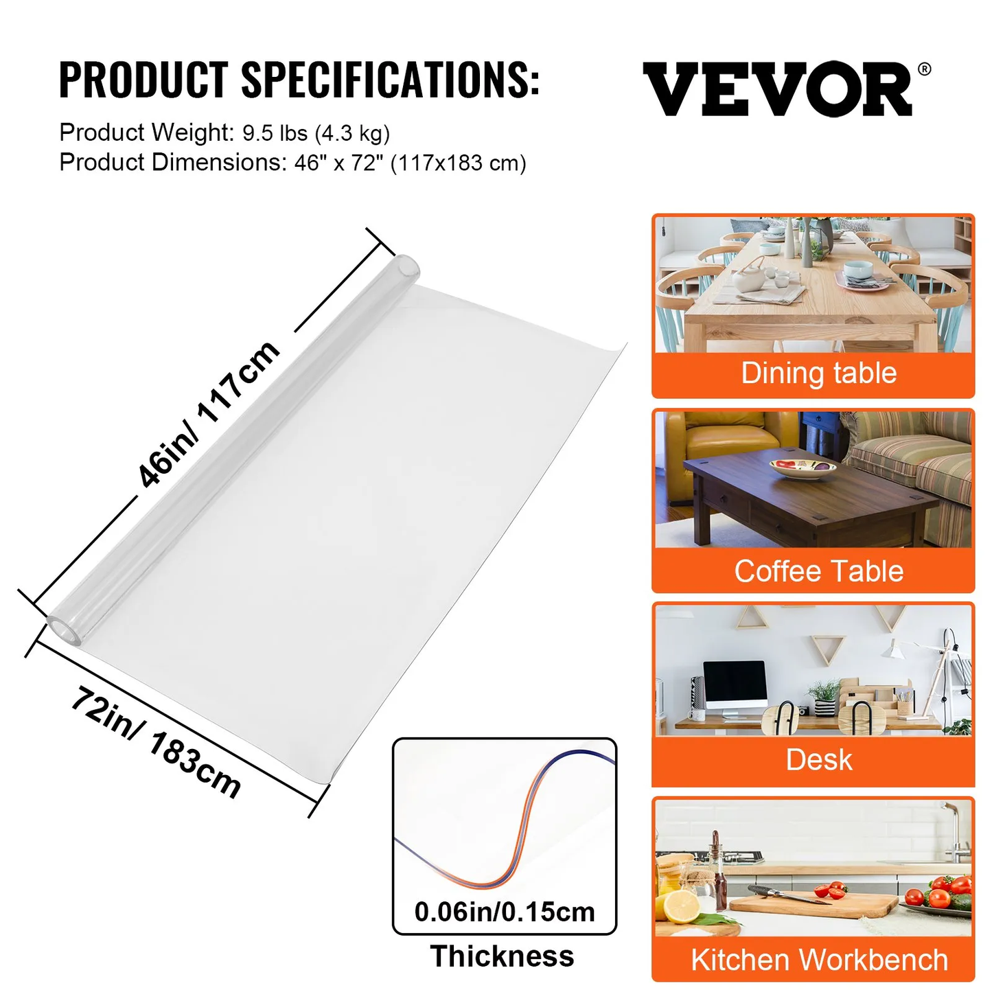 VEVOR Plastic Table Cover, 46"x72"x0.06", Transparent PVC Table Protector, Rectangle Clear Desk Mat,-$30