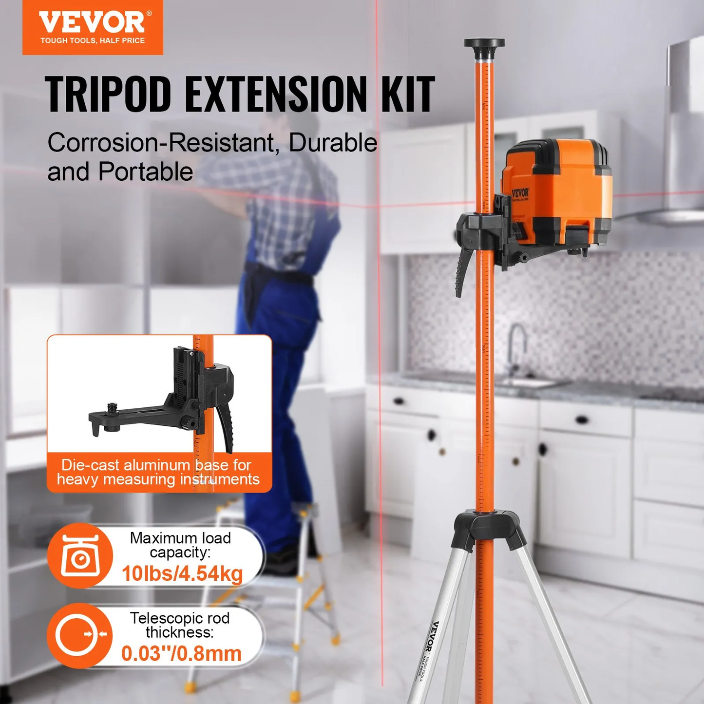 VEVOR Laser Level Tripod, 1/4"-20 & 5/8"-11 Thread Mount, 40.94-133.85 inch Height Adjustment,-$45