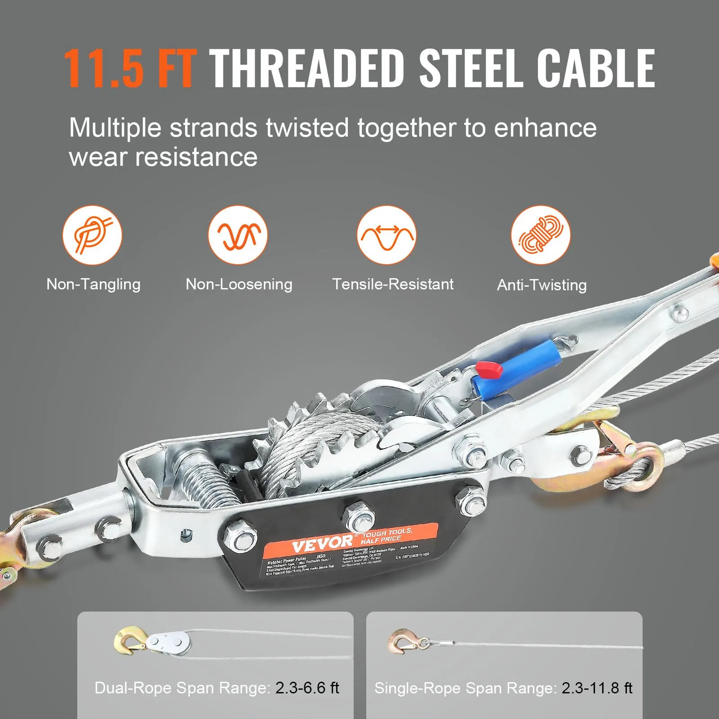 VEVOR Come Along Winch, 5 Ton (11,023 lbs) Pulling Capacity, 11.5 ft Steel Cable, 3 Hooks, -$45