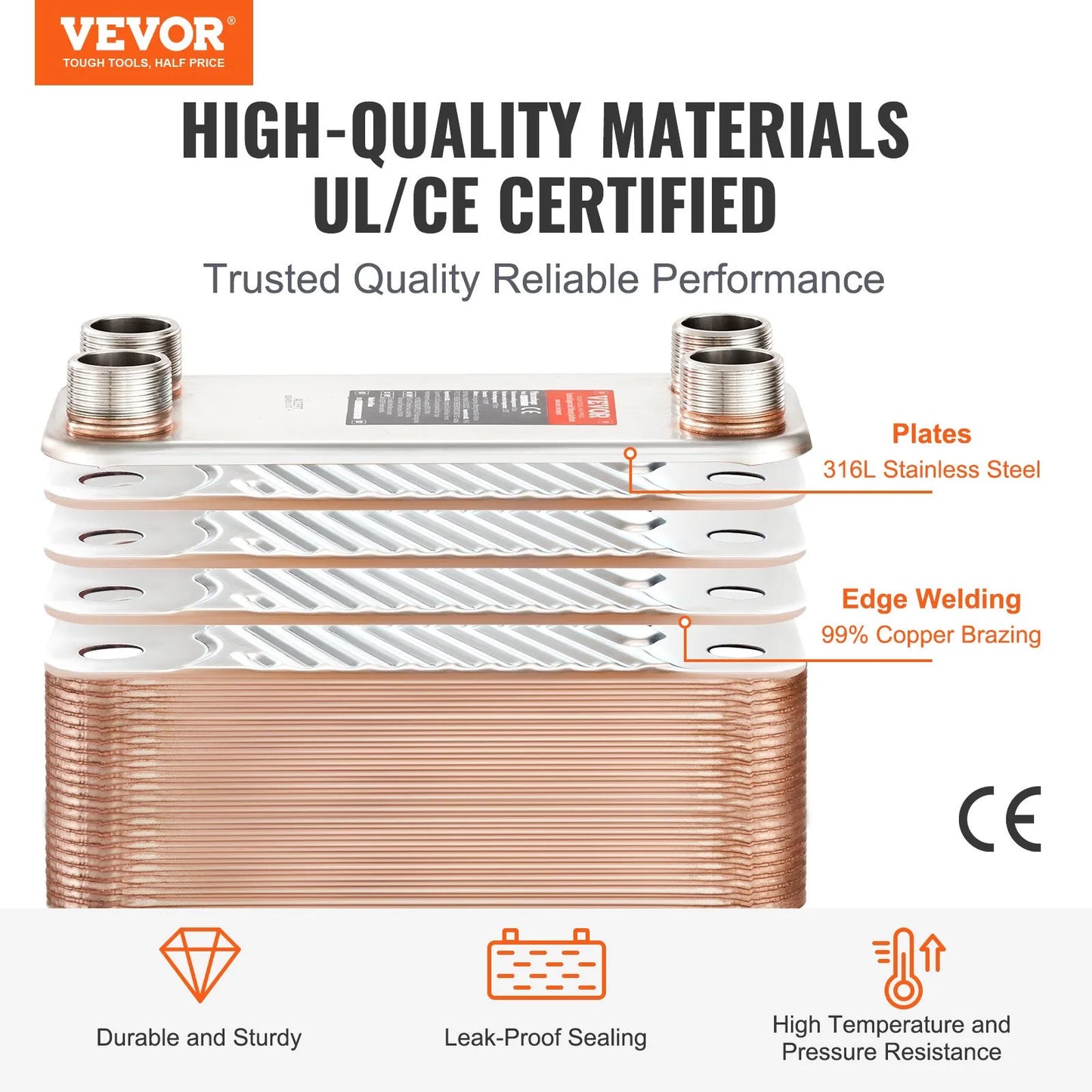 VEVOR Heat Exchanger, 5"x 12" 100 Plates Brazed Plate Heat Exchanger, Copper/316L Stainless Steel,-$250