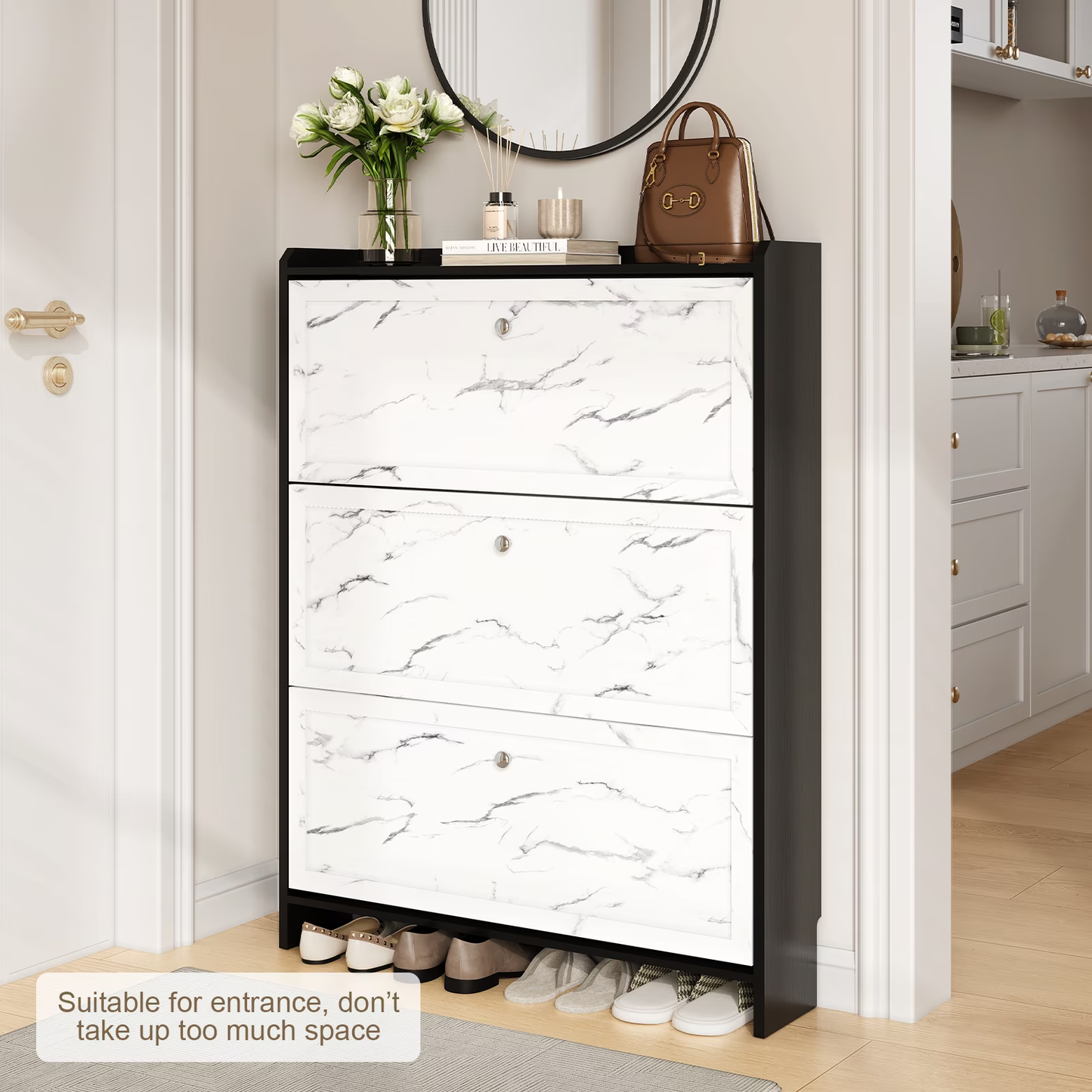 BNIB-Marble Textured 3-Tier Shoe Cabinet, Modern Wooden Shoe Organizer for Entryway,Hallway, -$120