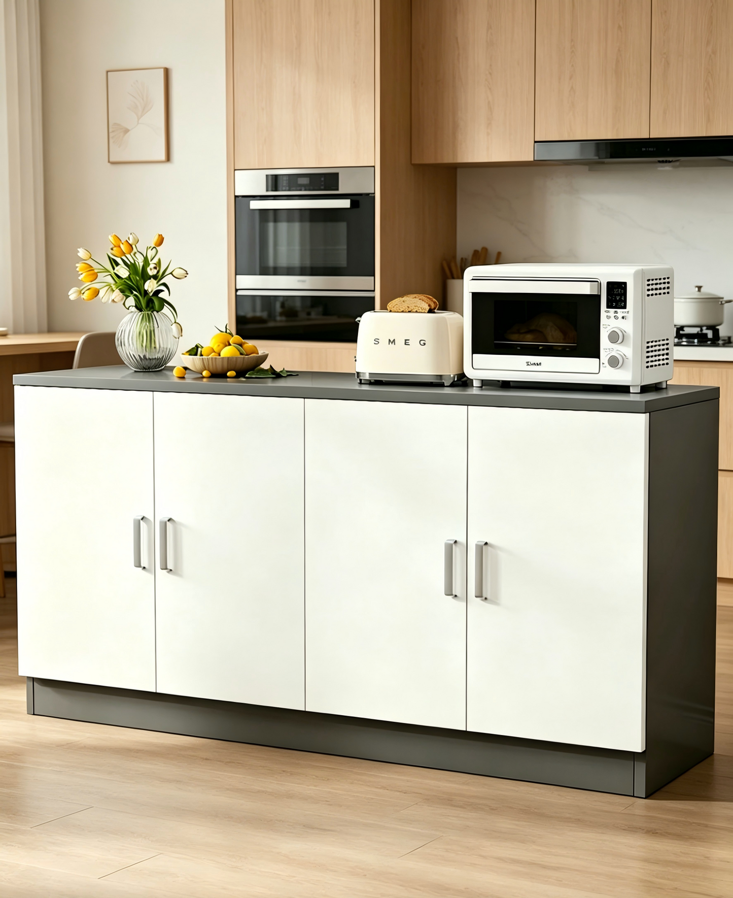 Brand New Assembled 4-door Sideboard Cabinet w/1 Adjustable Shelf, Storage Cupboard (Gray & White),-$160